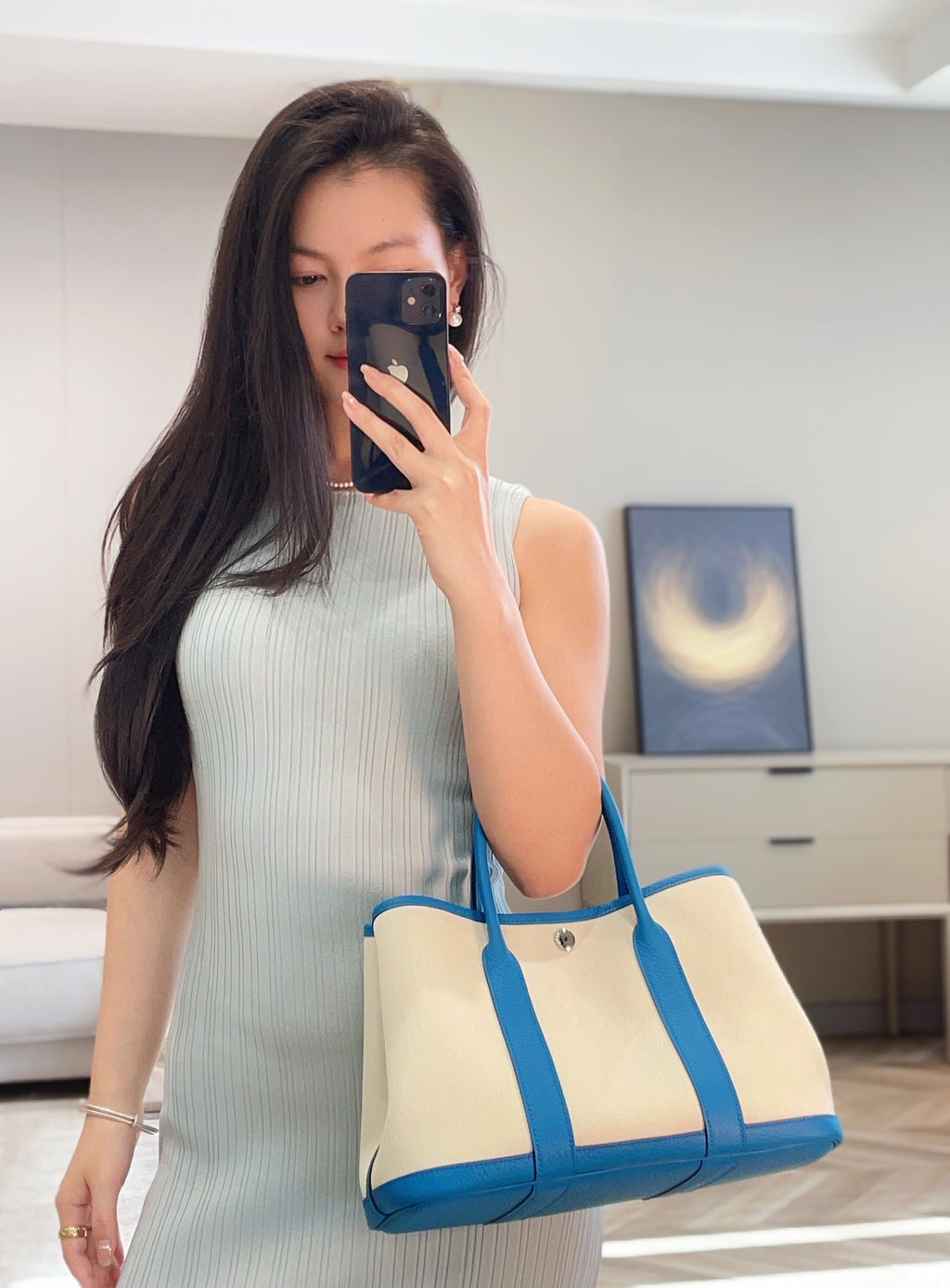 HERMES GARDEN PARTY 30CM IN WHITE TOILETS COTTON CANVAS AND BLUE CALFSKIN GREEN ON SIDE OTHER
