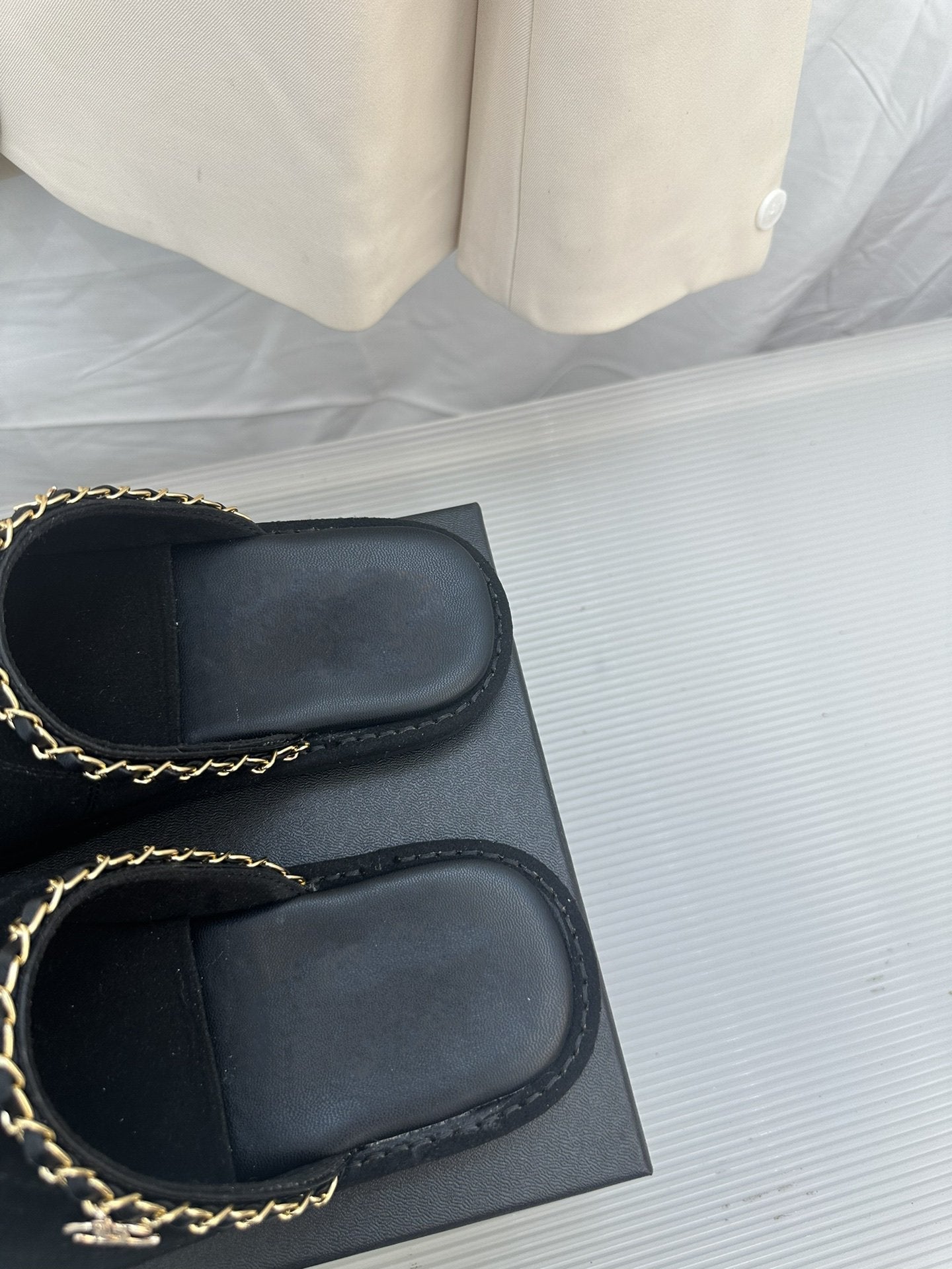 CHANEL Black Suede Gold Chain Mules