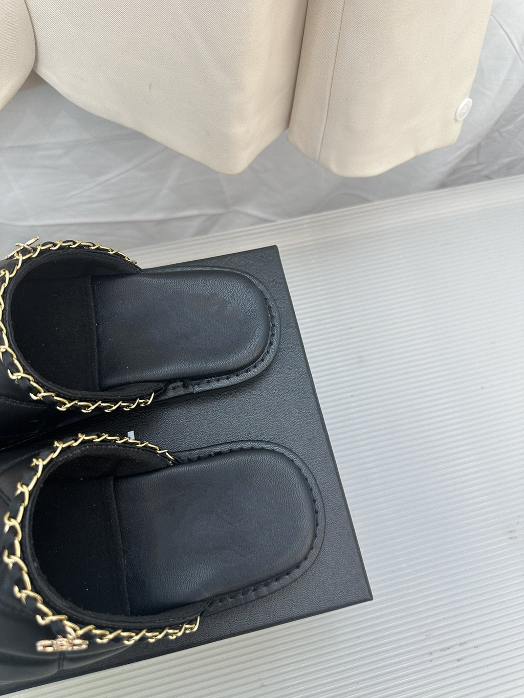 CHANEL Black Lambskin Gold Chain Mules