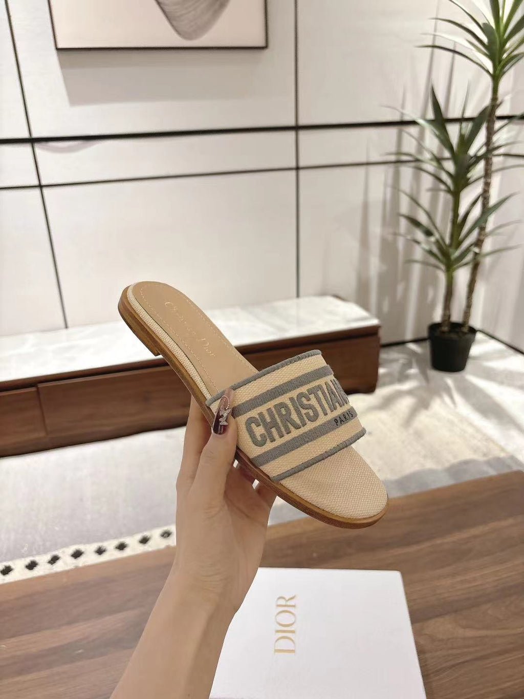 DIOR DWAY SLIDES IN BEIGE AND GRAY TECHNICAL FABRIC