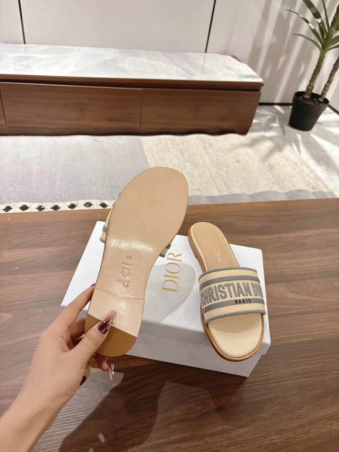 DIOR DWAY SLIDES IN BEIGE AND GRAY TECHNICAL FABRIC