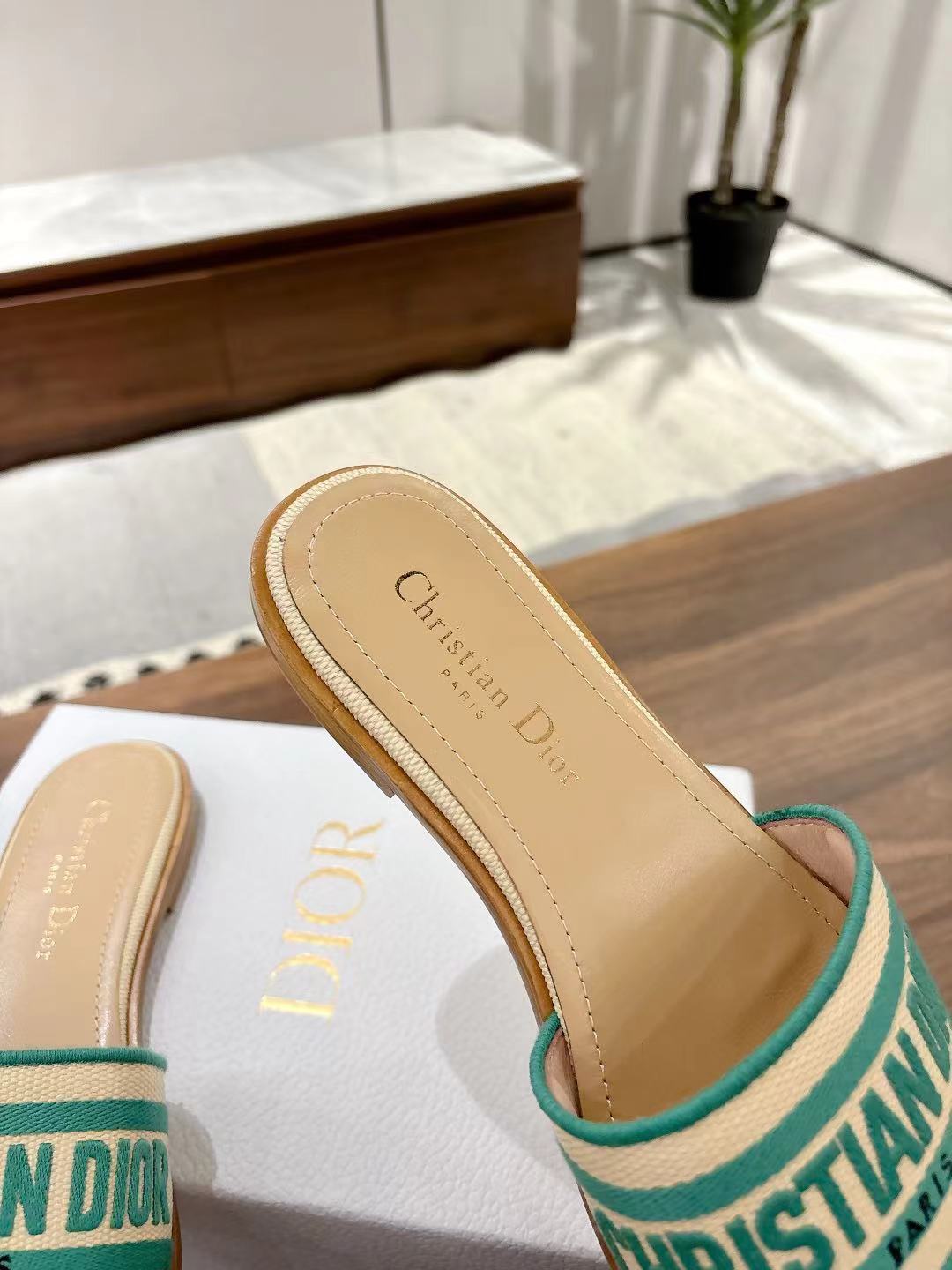 DIOR DWAY SLIDES IN BEIGE AND GREEN TECHNICAL FABRIC