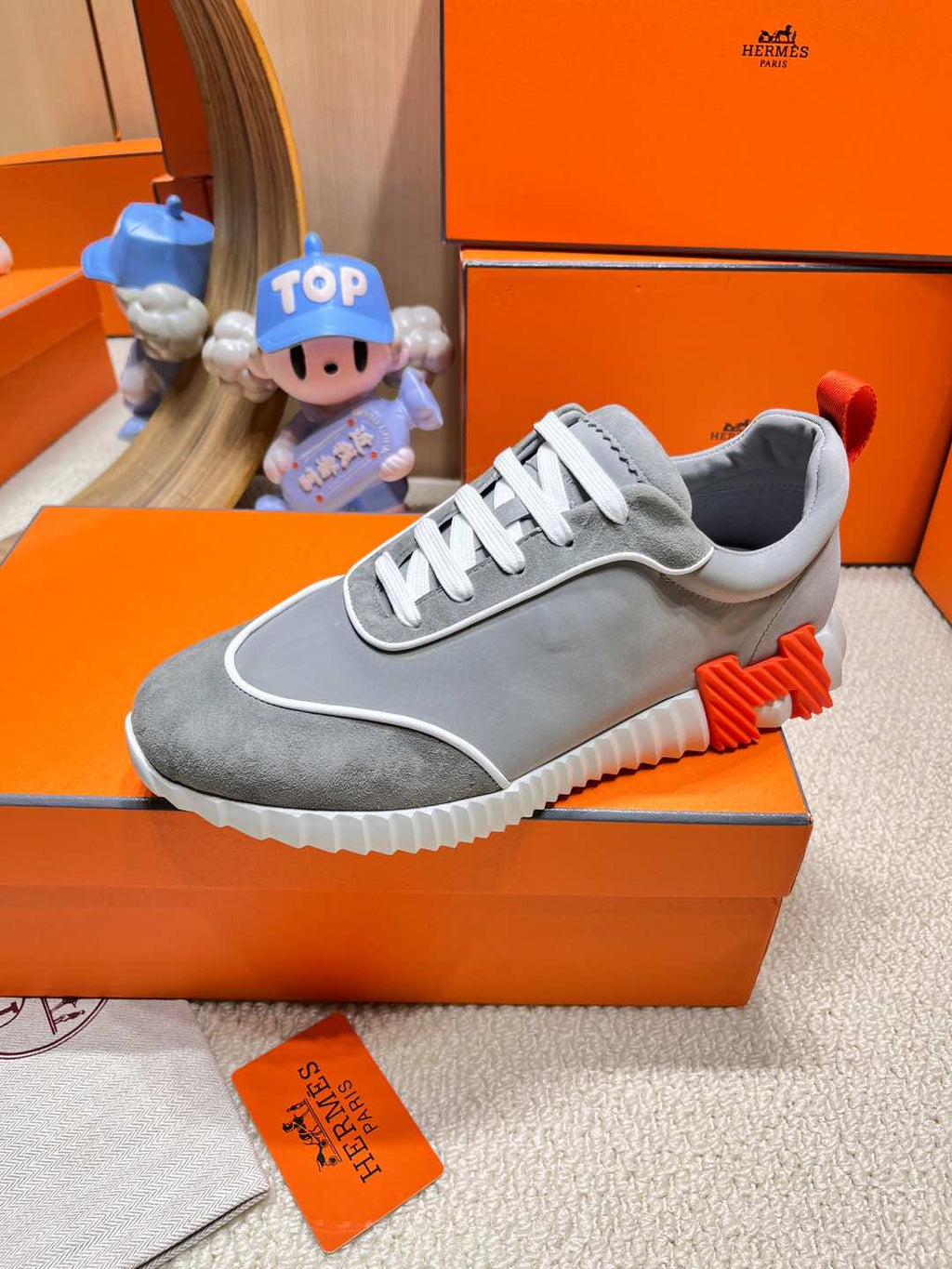HERMES BOUNCING SNEAKER IN SMOKE GRAY SUEDE AND CALFSKIN