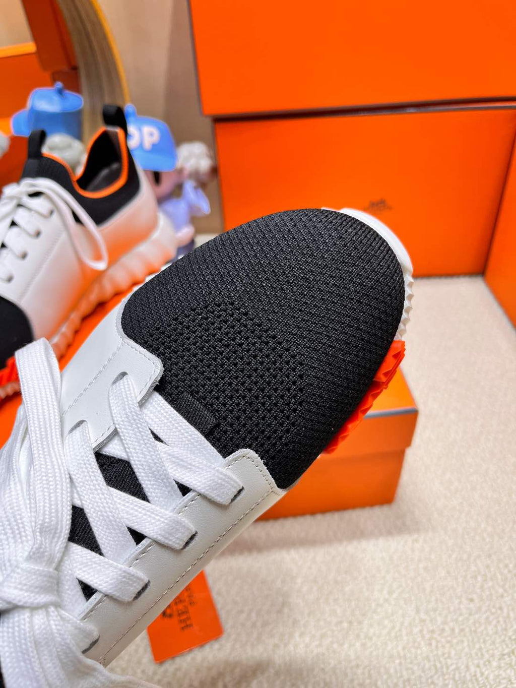 HERMES DEPART SLIP-ON SNEAKER IN WHITE MIX BLACK KNIT AND CALFSKIN