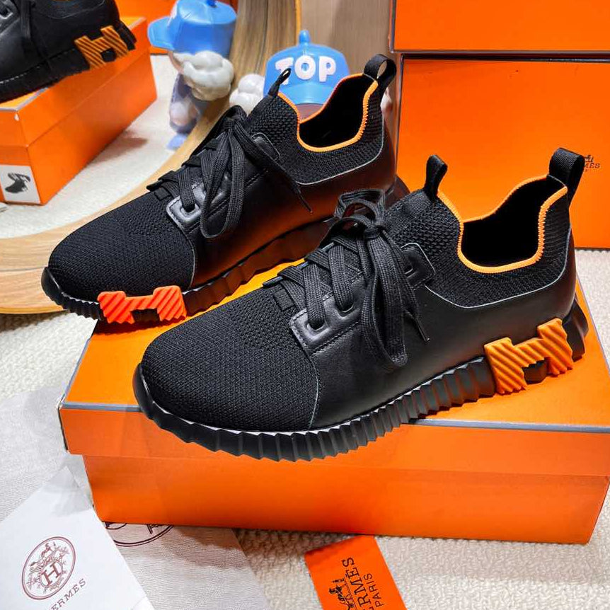 HERMES DEPART SLIP-ON SNEAKER IN BLACK KNIT AND CALFSKIN
