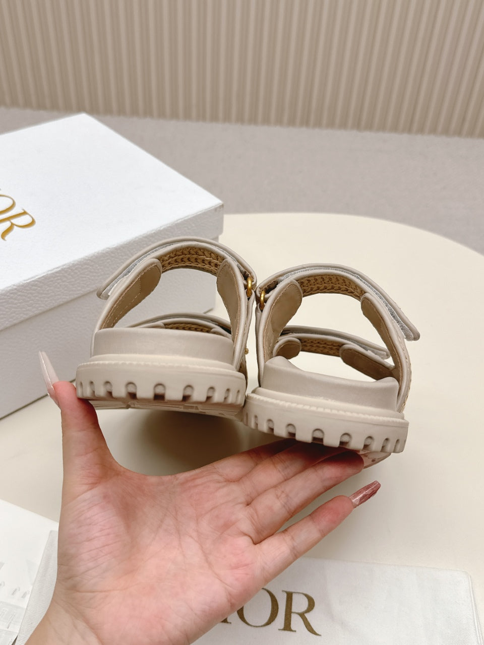 DIOR CLASSIC DOUBLE-STRAP SLIDES 25S IN BEIGE RAFFIA AND TAUPE BEIGE CALFSKIN