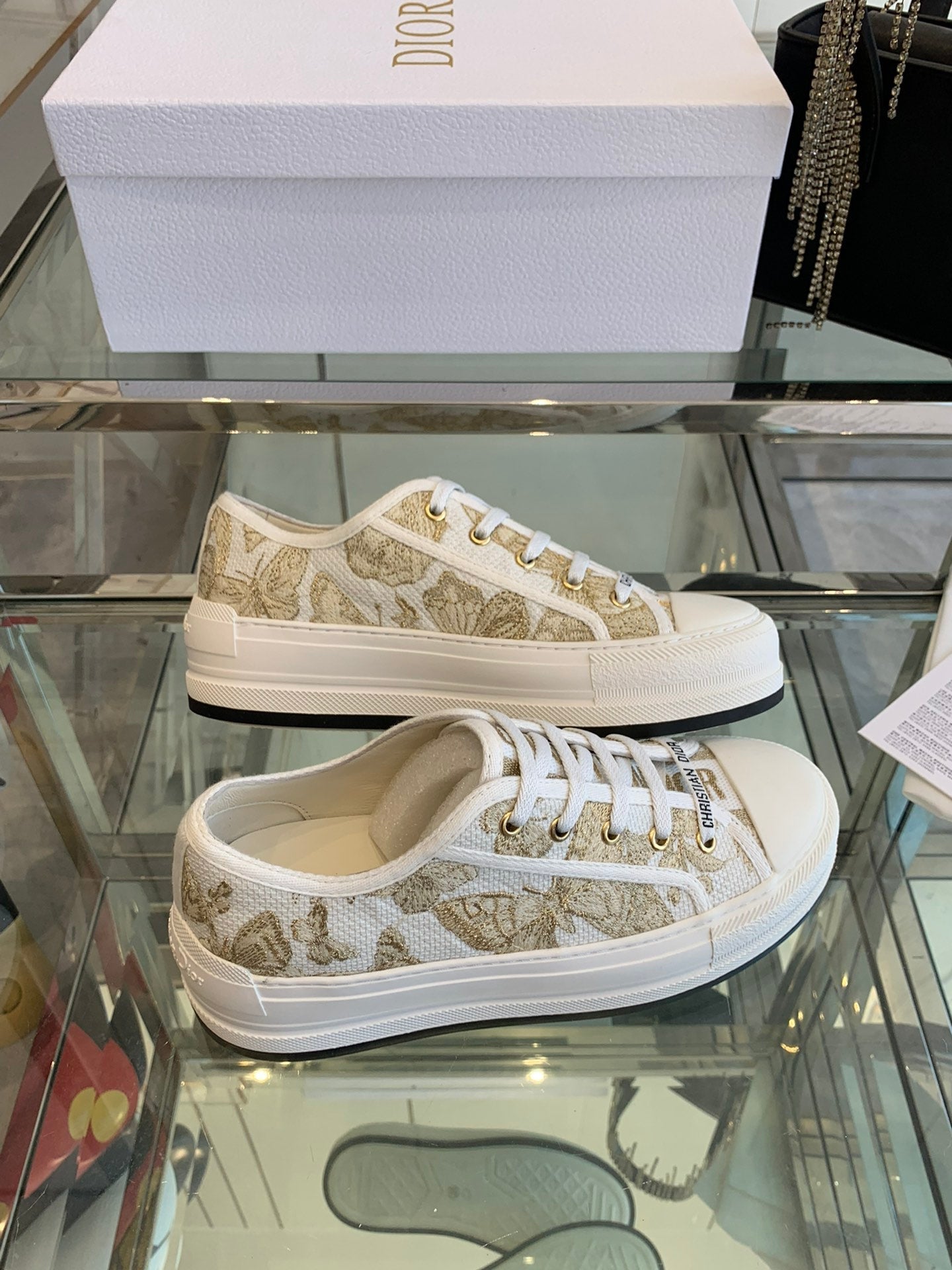 DIOR WALK'N PLATFORM SNEAKER IN WHITE-GOLD TONE EMBROIDERED FABRIC