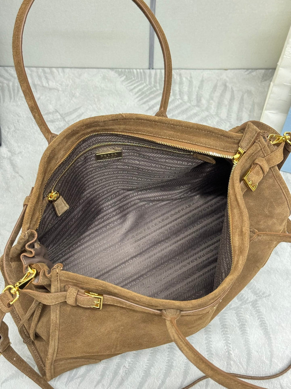 PRADA TOTE BAG WITH BELT 42 IN RUSSET BROWN SUEDE GOLD HARDWARE