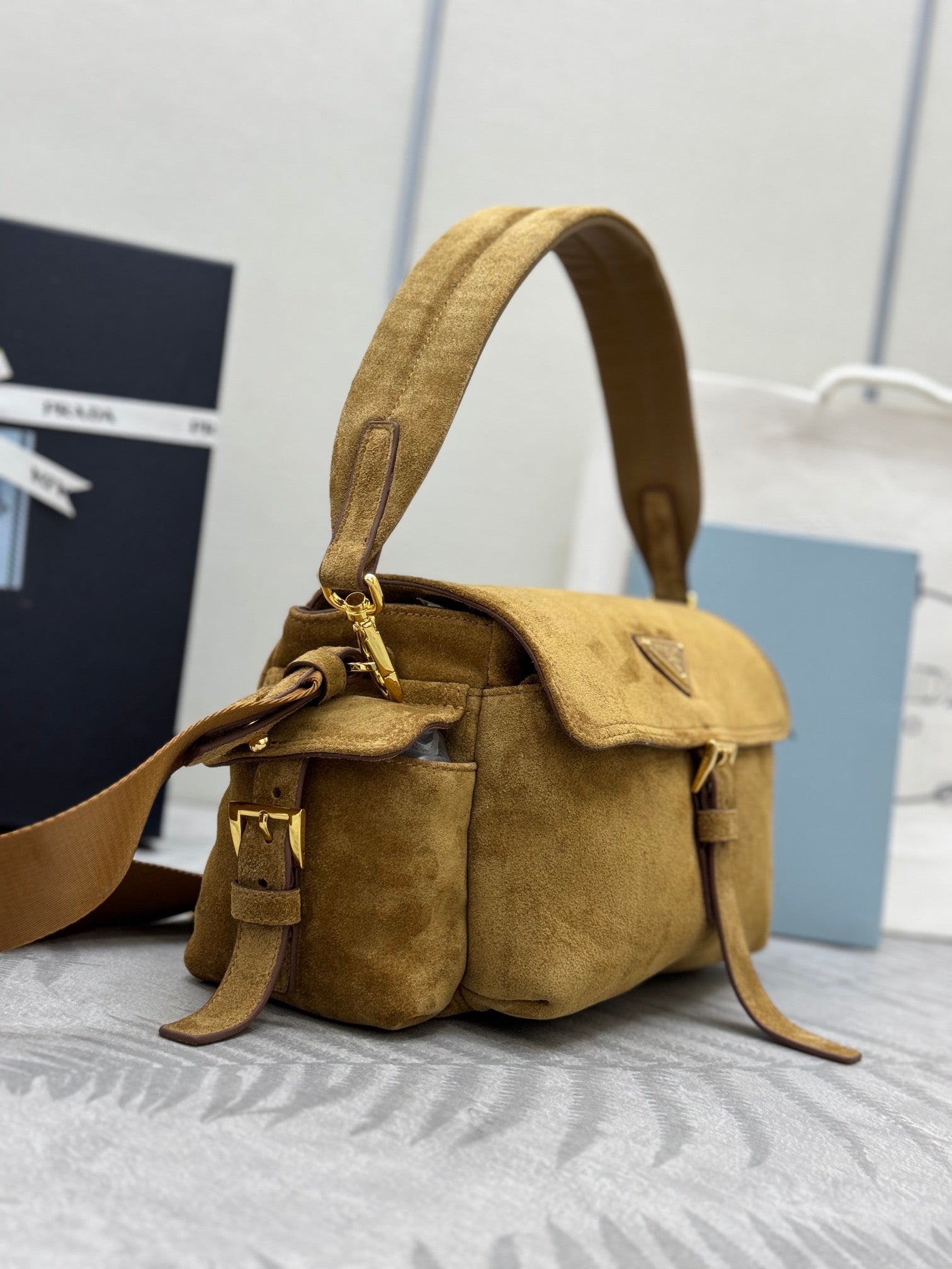 PRADA 25S EXPLORE MEDIUM SHOULDER BAG 30 IN RK GOLDEN BROWN SUEDE WITH FLAP