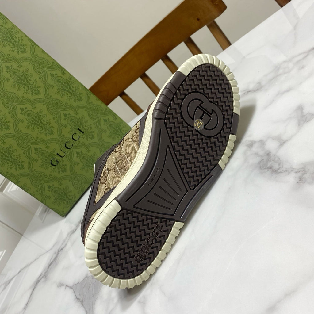 GUCCI 26S RE-WEB TRAINER SNEAKERS IN BROWN CALFSKIN AND BEIGE CANVAS