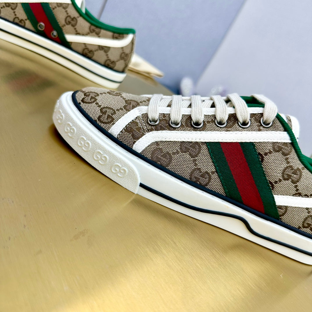 GUCCI TENNIS 1977 TRAINER LIGHT BROWN CANVAS WITH BLACK TRIM