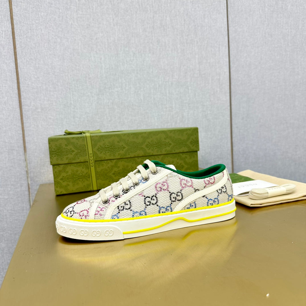 GUCCI TENNIS 1977 TRAINER LIGHT GRAY CANVAS WITH YELLOW TRIM