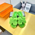 HERMES 0RAN SHEARLING SANDALS CHARTREUSE GREEN