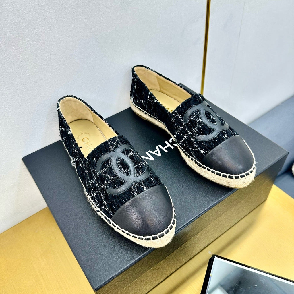 CHANEL ESPADRILLES PLATFORM 25S IN BLACK TWEED AND LAMBSKIN WITH WHITE STRIPES
