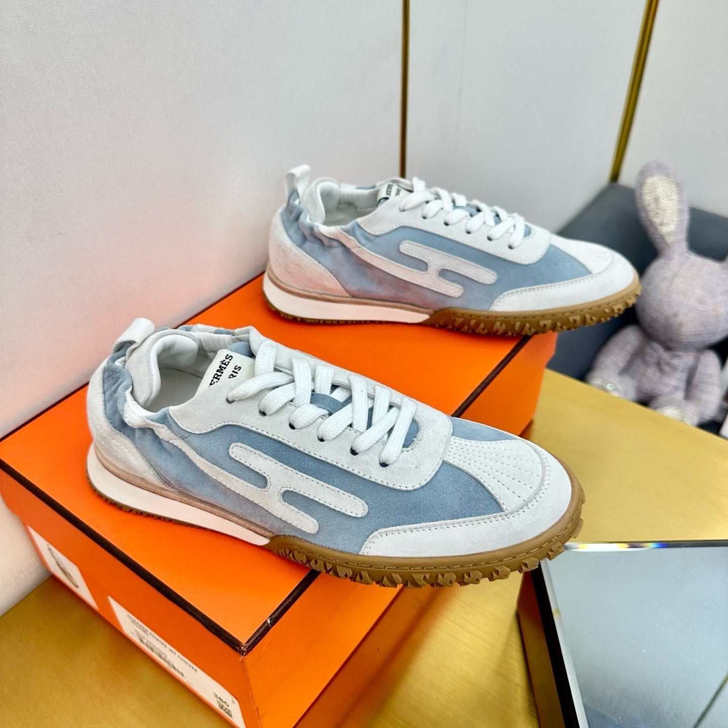 HERMES JET SNEAKER IN PALE GRAY MIX SAPPHIRE BLUE SUEDE