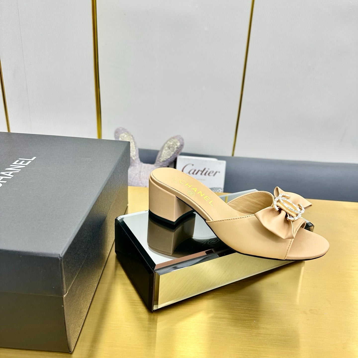CHANEL BOWKNOT RHINESTONES MID HEEL MULE IN FLAX YELLOW CALFSKIN