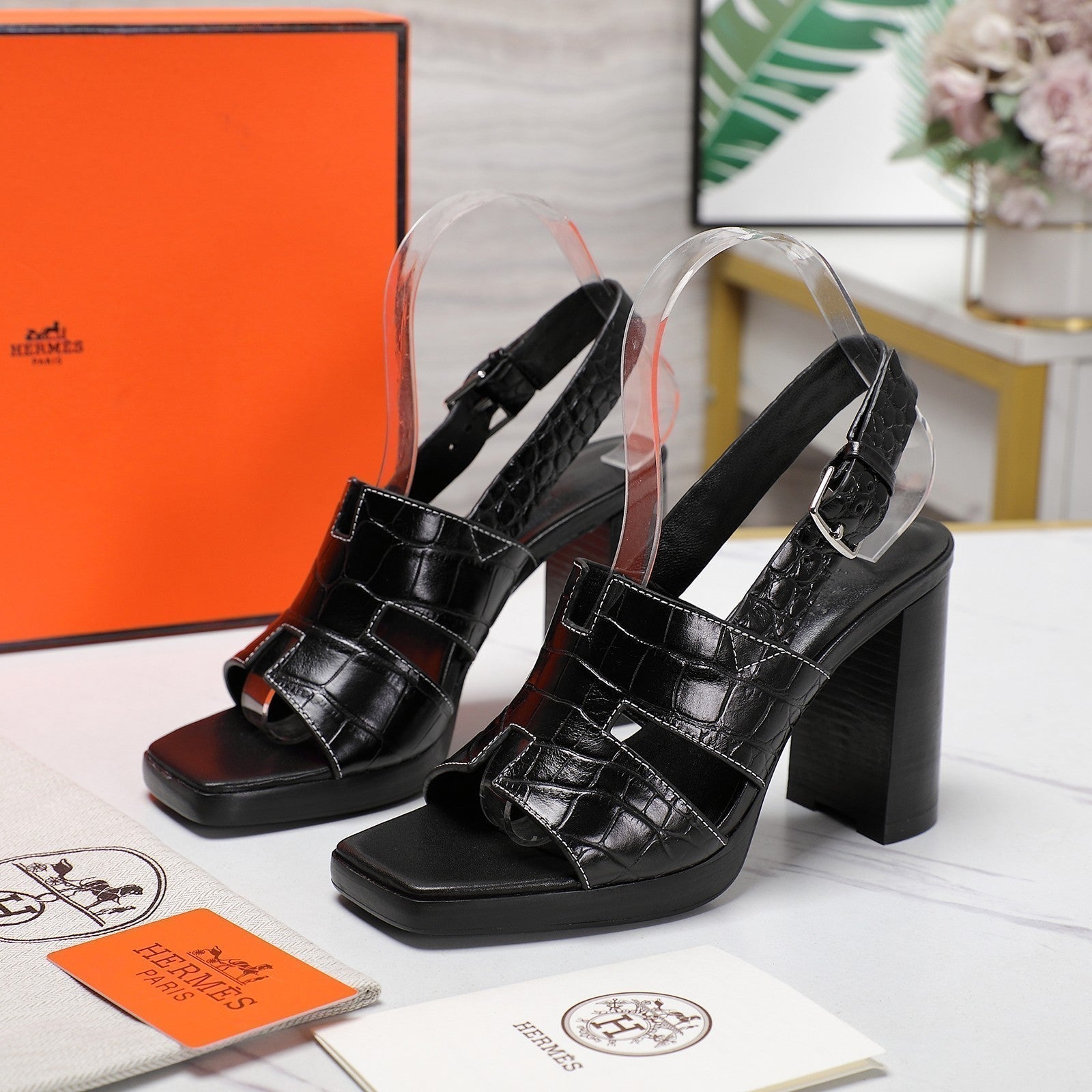 HERMES ERIS 95 SANDAL BLACK CALFSKIN PATTERNED