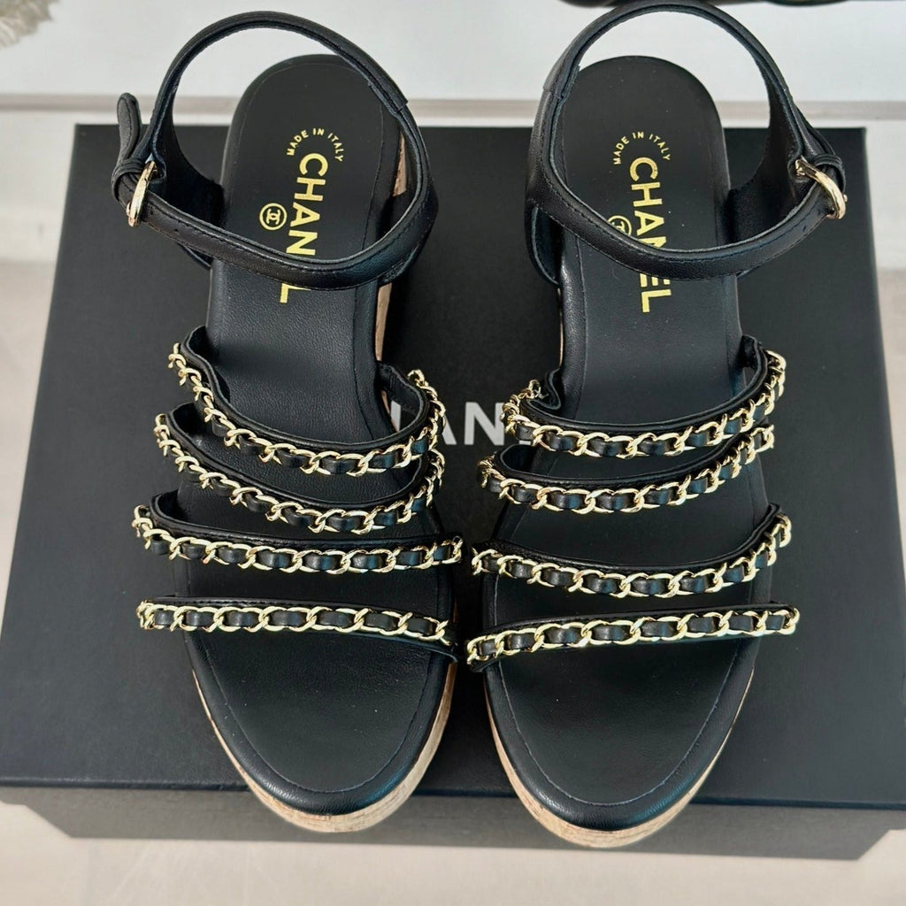 CHANEL Double C Wooden Chain Platform Block Heel Sandals Black