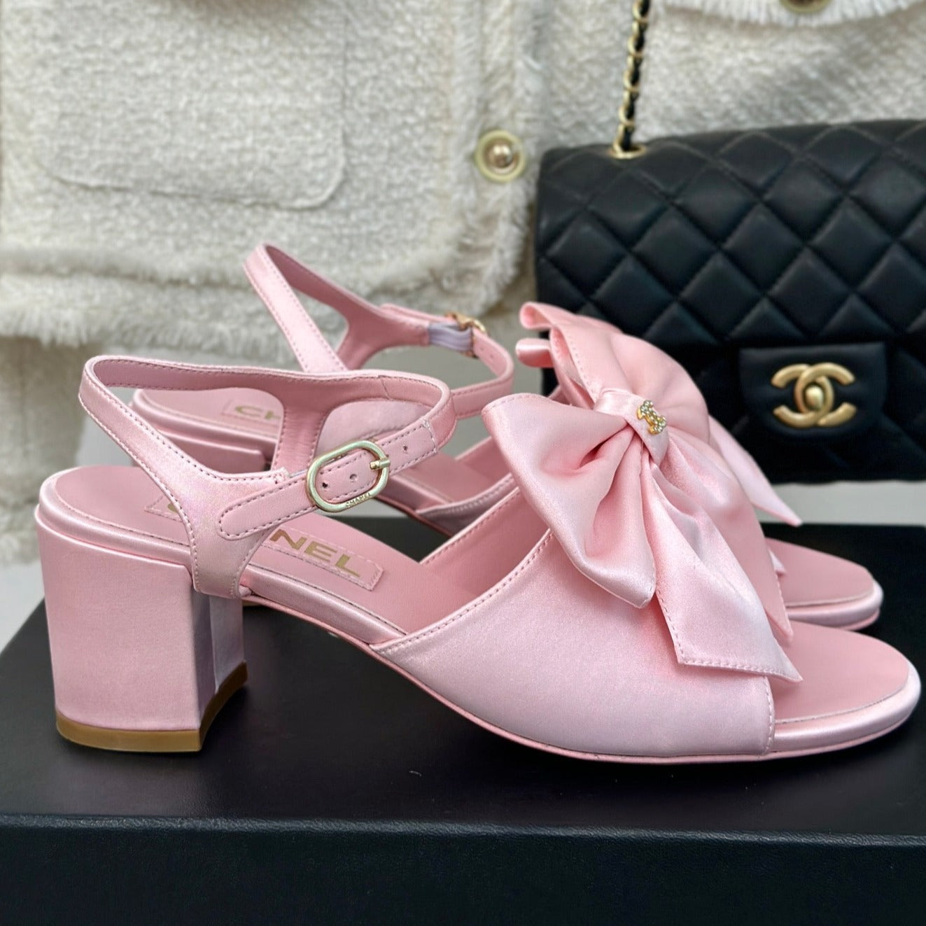 CHANEL Double  Big Bow High Sandal Sheepskin Light Pink