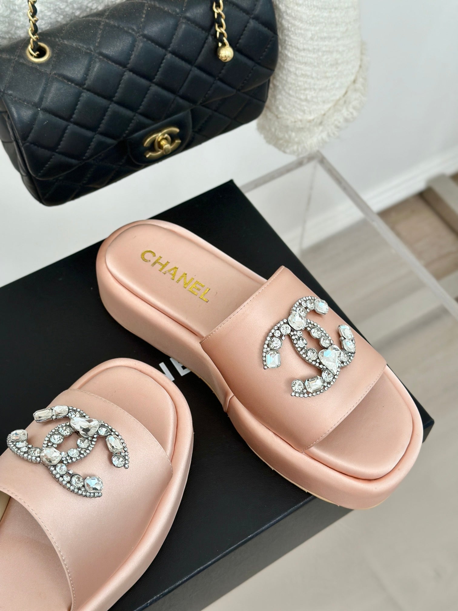 CHANEL SLIPPERS THICK SOLE IN LIGHT PINK SATIN