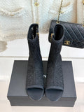 CHANEL PEEP-TOE BOOTS 25SS IN BLACK EMBOSSED LACE FABRIC