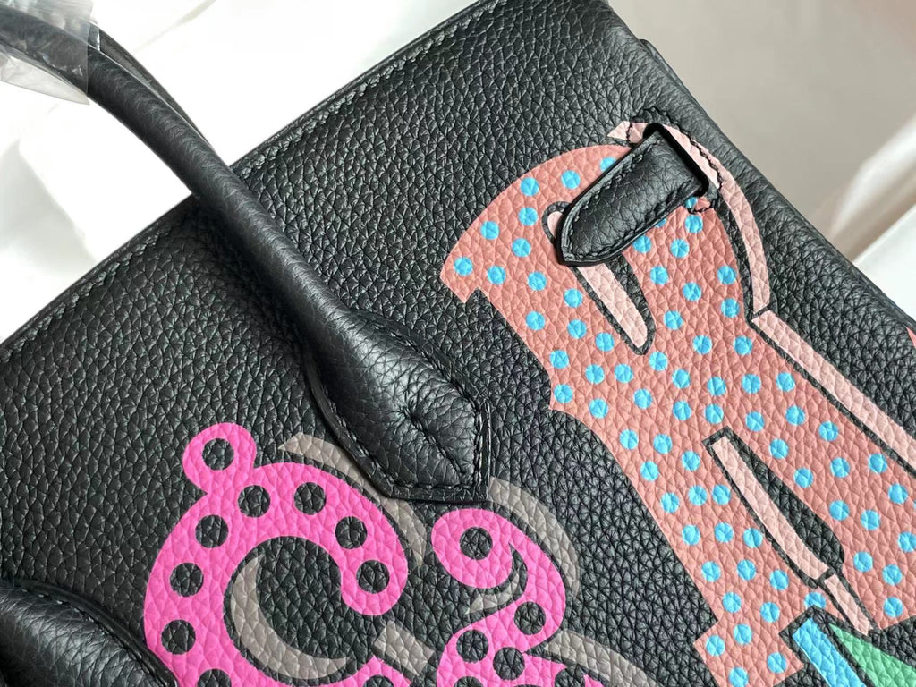 HERMES BIRKIN 25 BAG IN BLACK CALFSKIN WITH COLORFUL STICKER