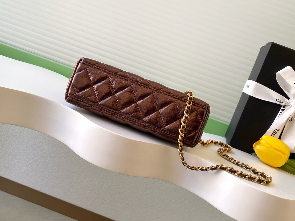 CHANEL 25S MINI KELLY BAG 19 IN BROWN METALLIC LAMBSKIN WITH GOLD HARDWARE