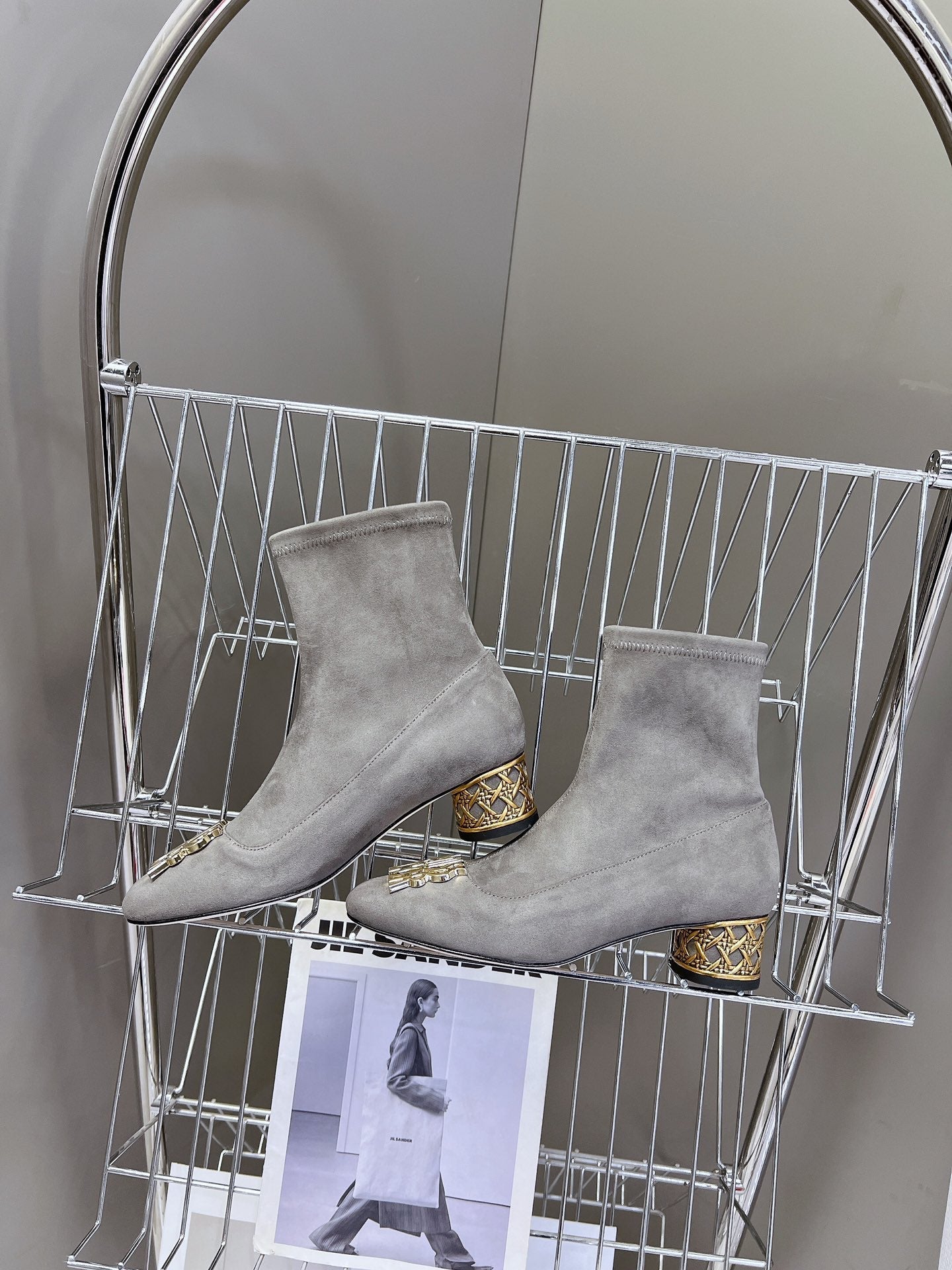 DIOR ICON HEELED ANKLE BOOT DOVE GRAY SUEDE 4 CM WITH GOLD LOGO
