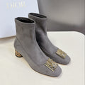 DIOR ICON HEELED ANKLE BOOT DOVE GRAY SUEDE 4 CM WITH GOLD LOGO