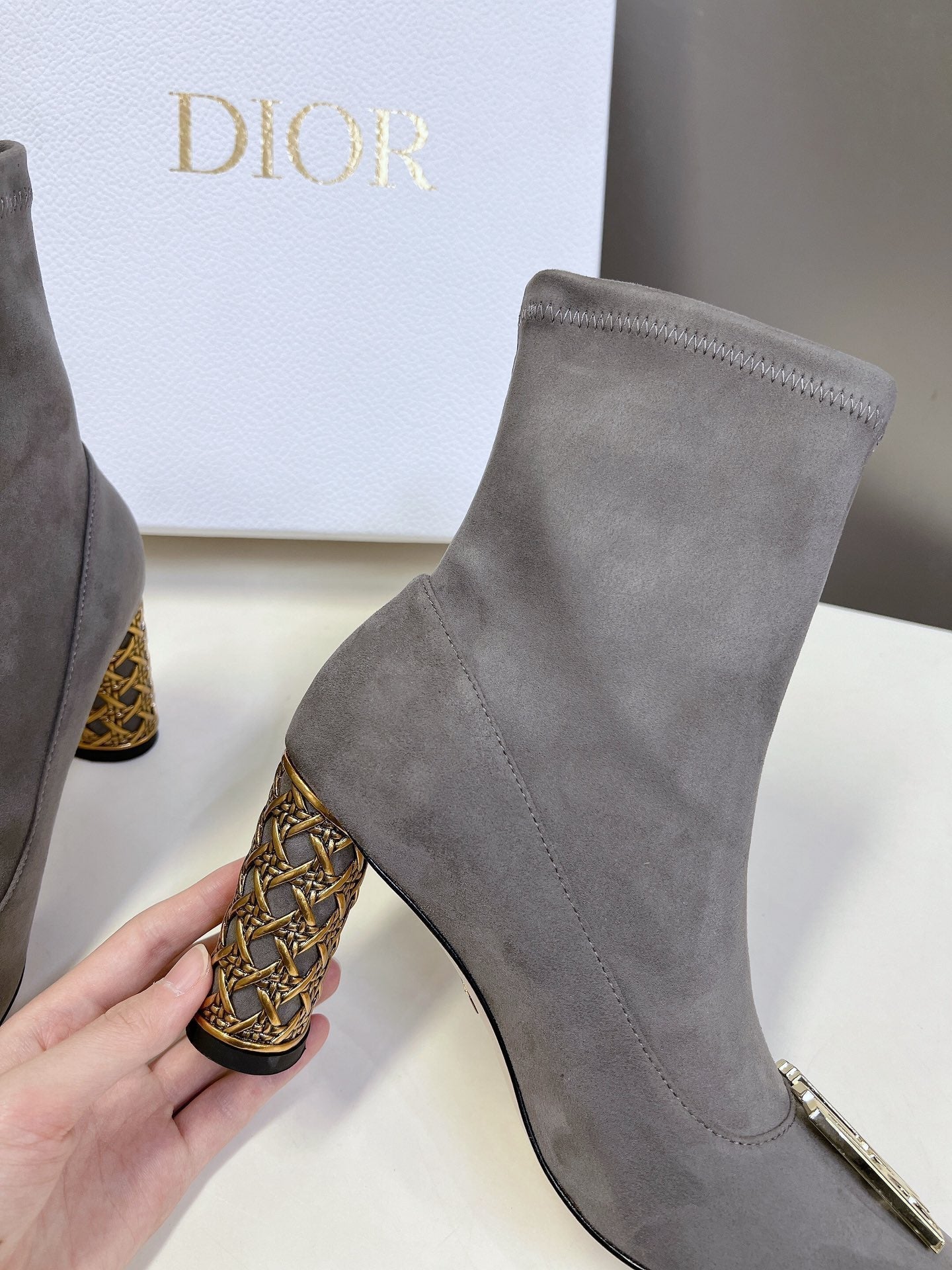 DIOR ICON HEELED ANKLE BOOT DOVE GRAY SUEDE 8 CM WITH GOLD LOGO