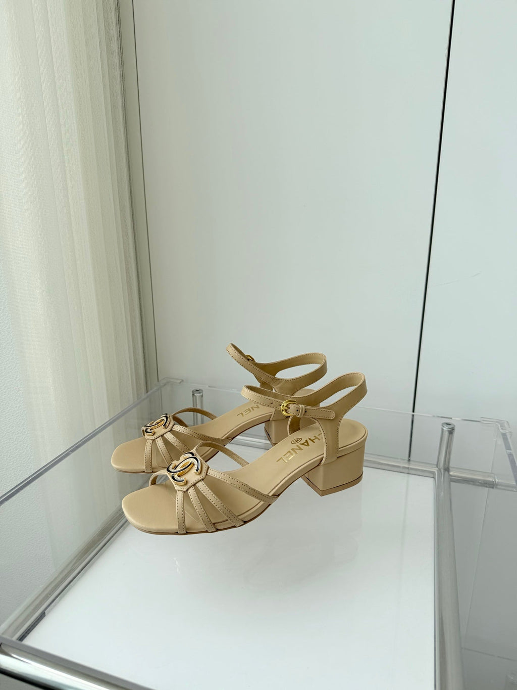 CHANEL MID HEEL SANDALS IN FLAX YELLOW LAMBSKIN