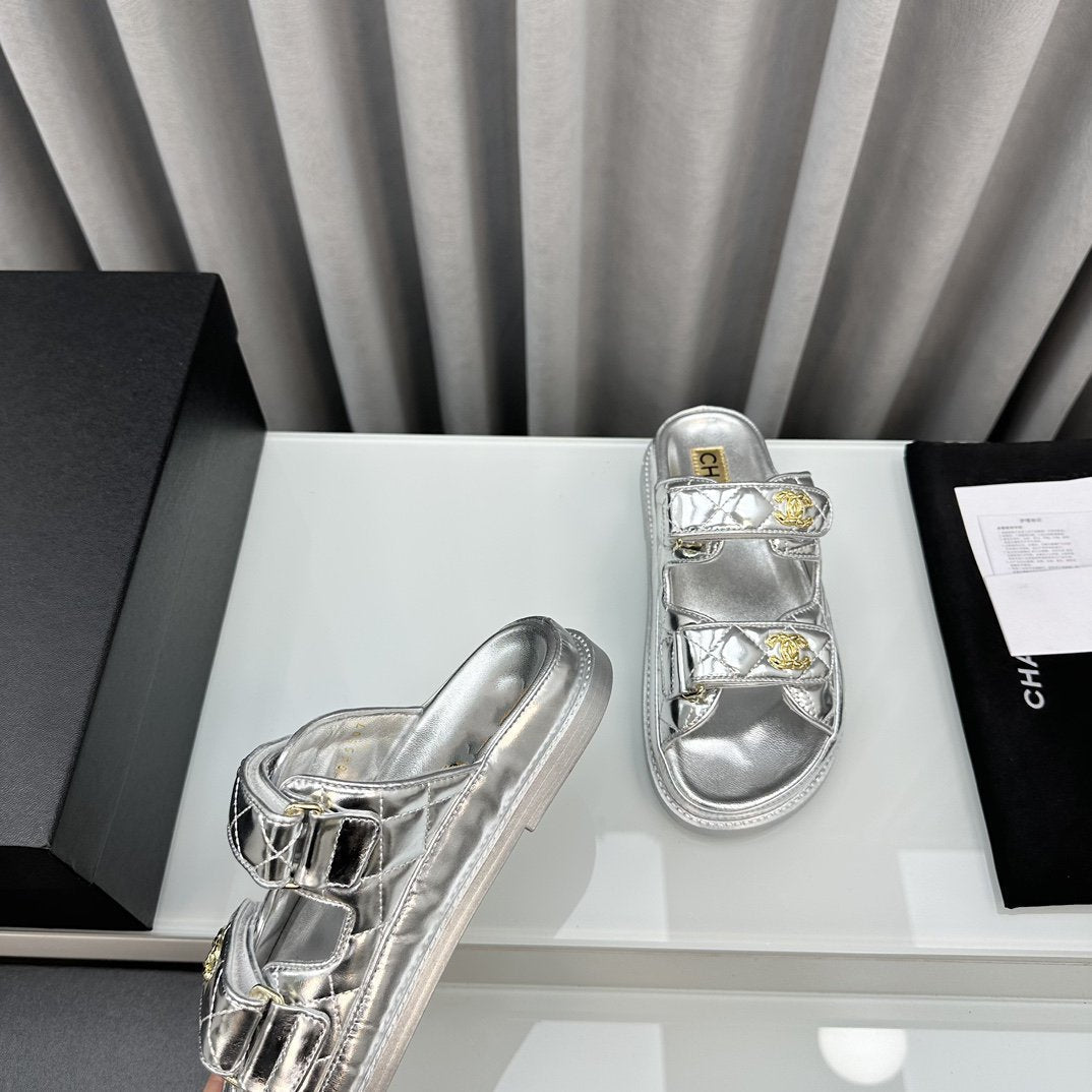 CHANEL dad sandals silver metalic lambskin mules