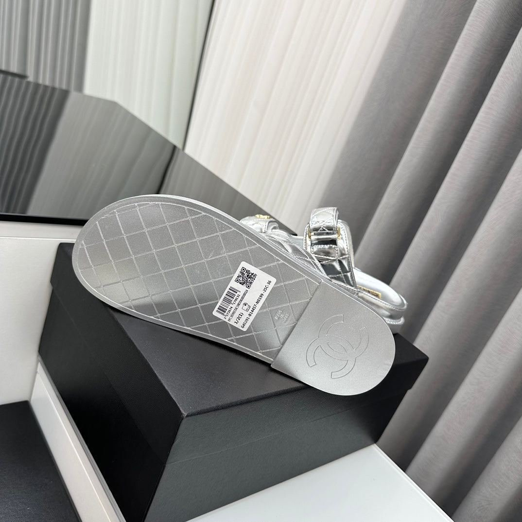 CHANEL dad sandals silver metalic lambskin mules