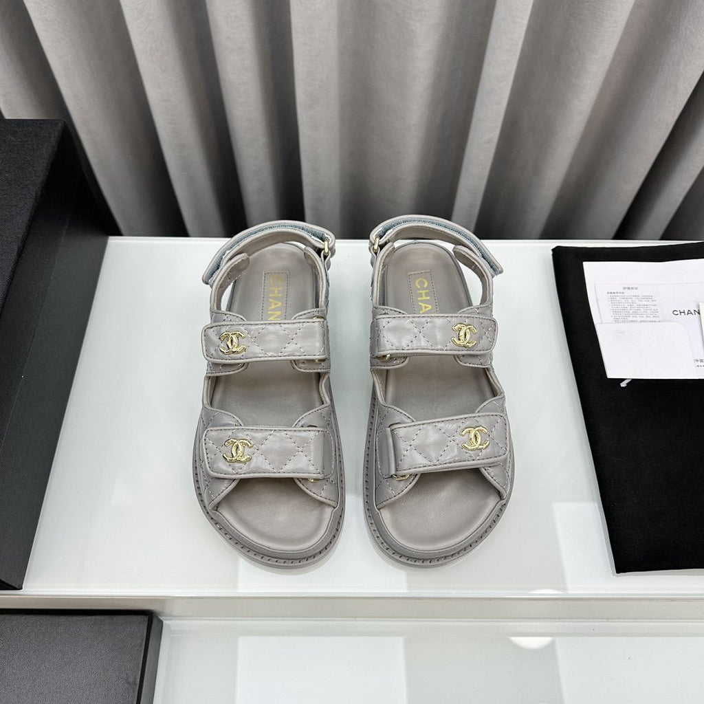 CHANEL dad sandals grey patent lambskin