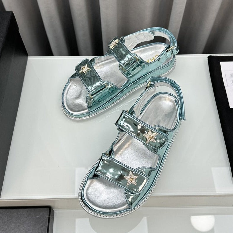 CHANEL dad sandals cloud blue metalic lambskin