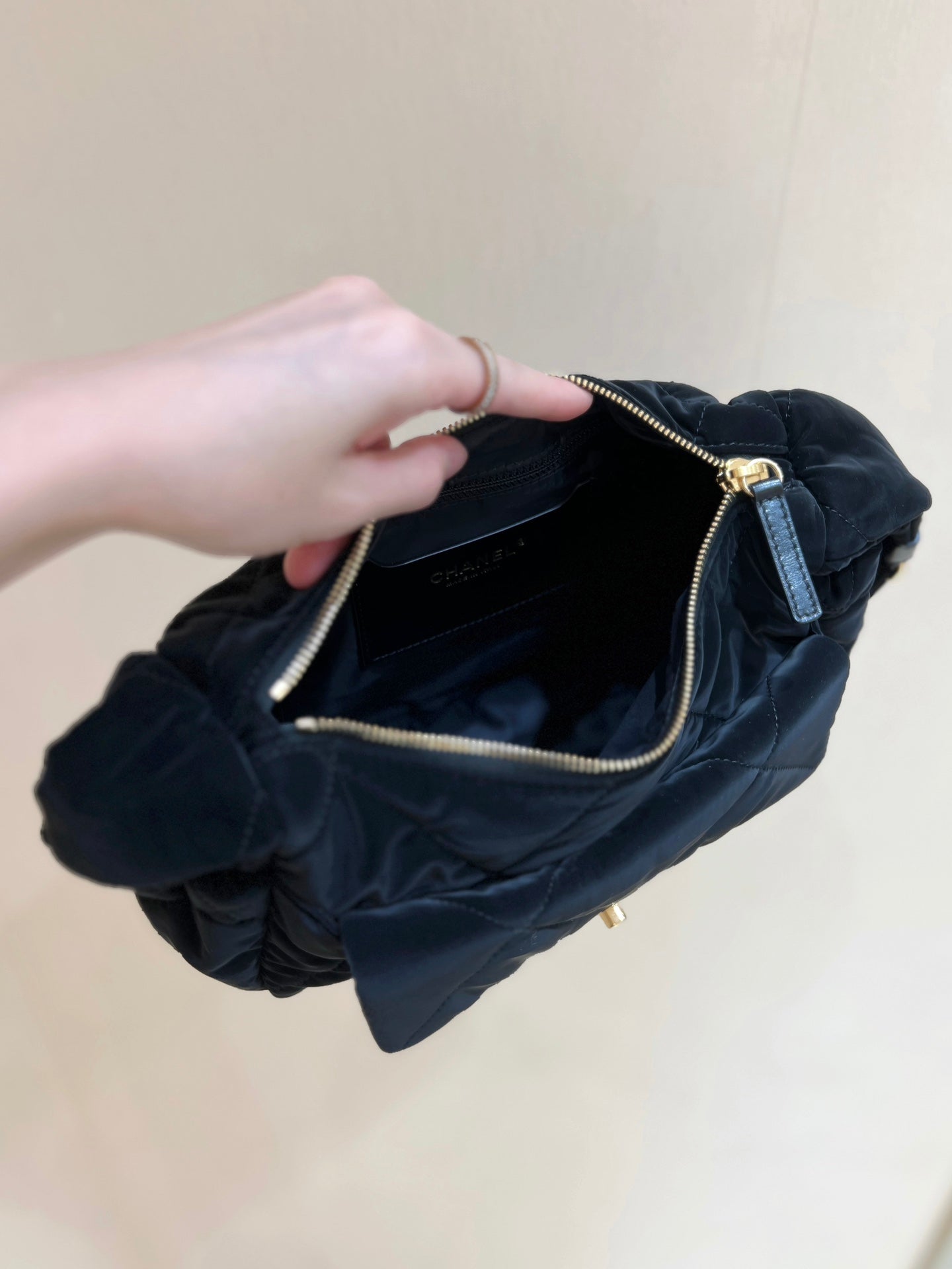 CHANEL HOBO BAG 32 IN BLACK NYLON WITH GOLD METAL