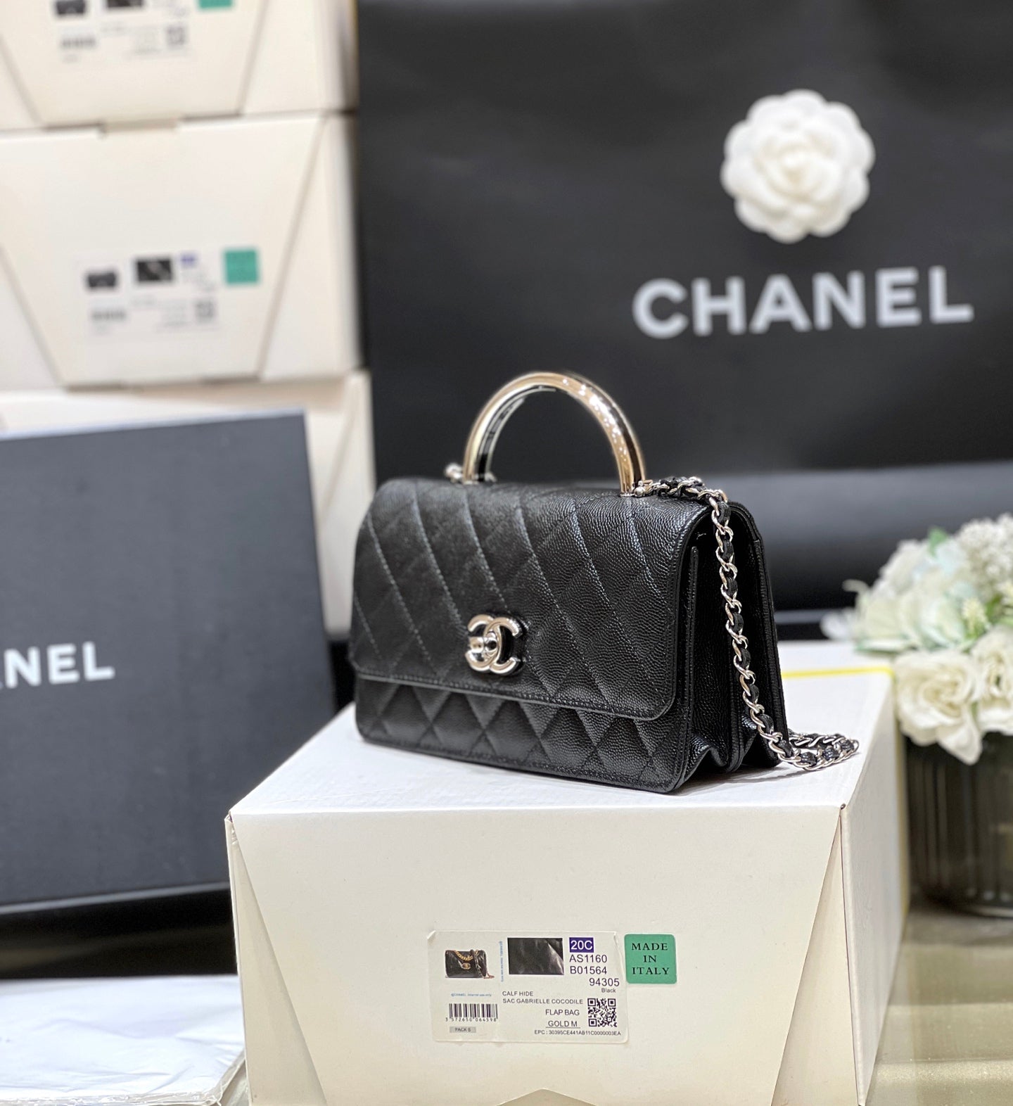 CHANEL FLAP BAG WITH SILVER-TONE HANDLE 18 IN BLACK LAMBSKIN