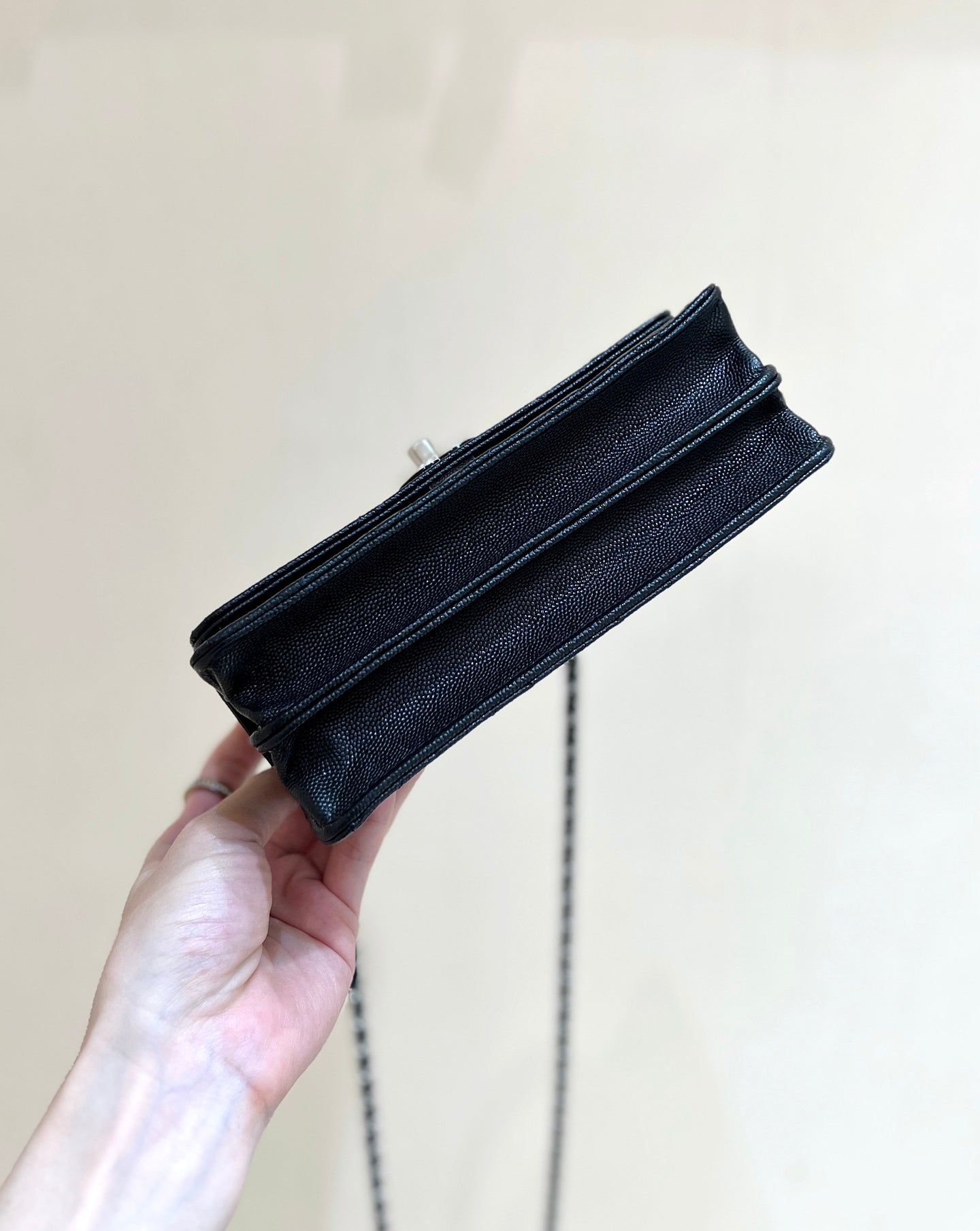 CHANEL FLAP BAG WITH SILVER-TONE HANDLE 18 IN BLACK LAMBSKIN