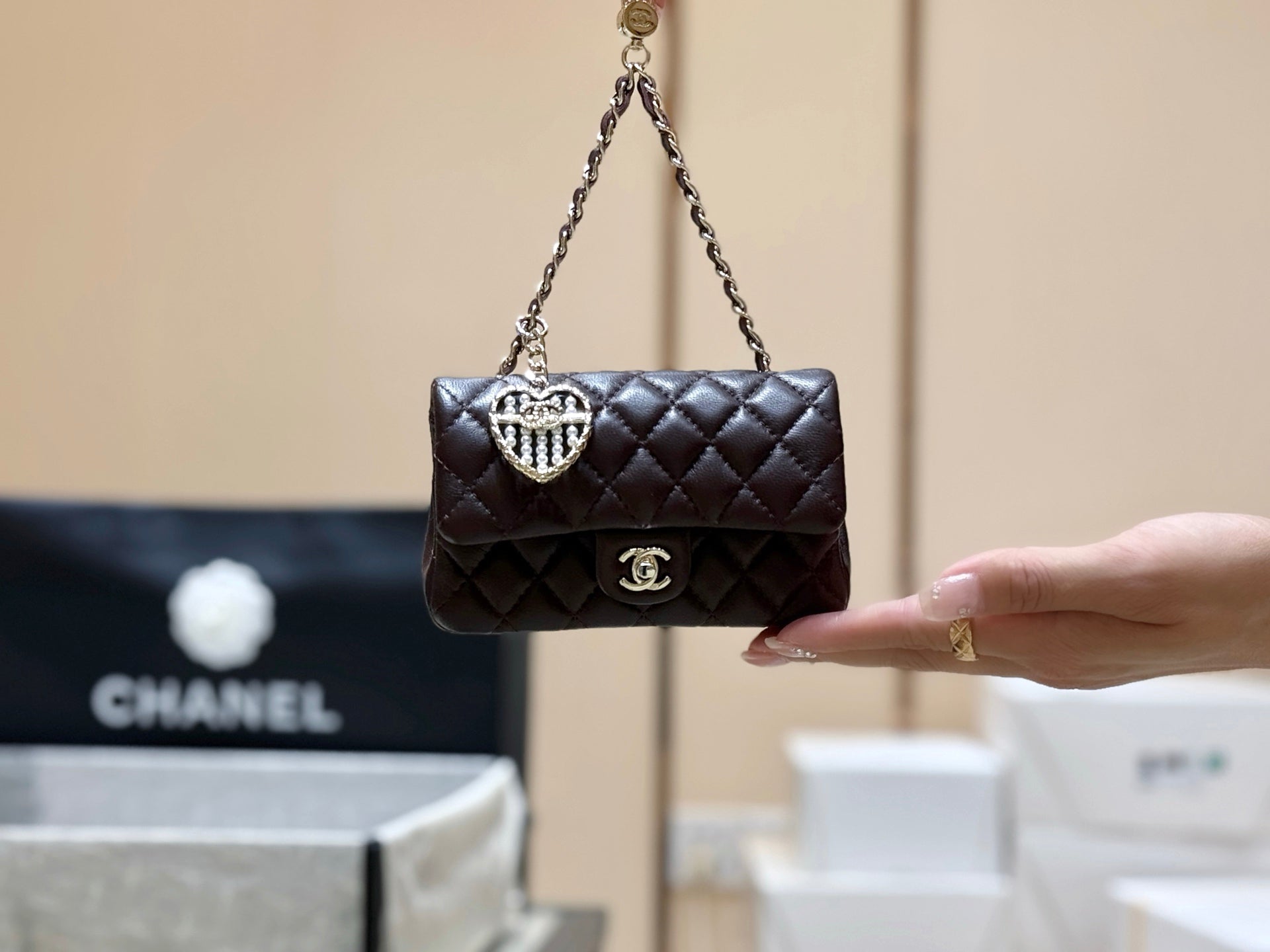 CHANEL 25S FLAP CHARM BAG 13 IN CHOCOLATE BROWN LAMBSKIN