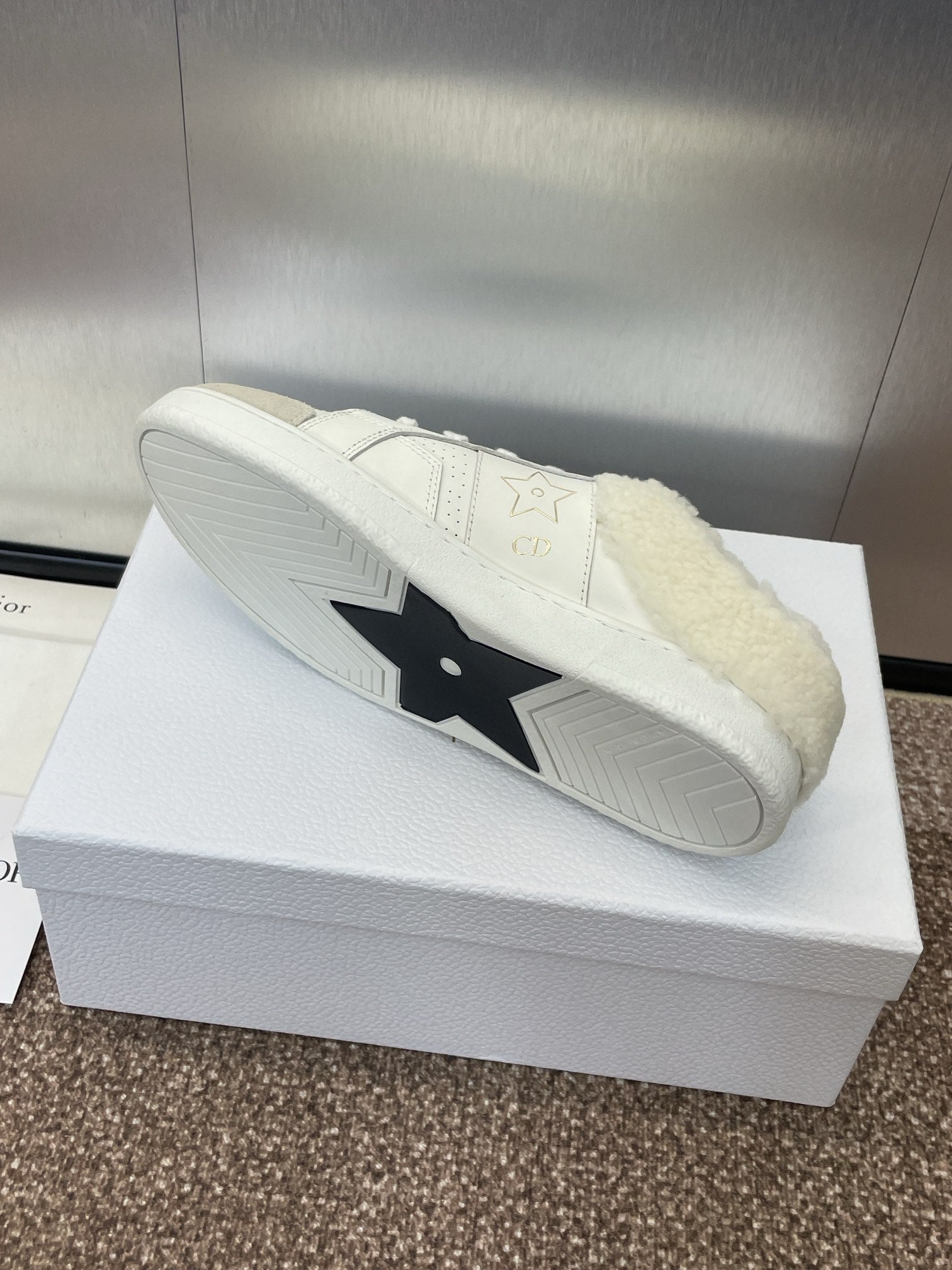 DIOR STAR SNEAKER IN WHITE CALFSKIN AND SHEARLING