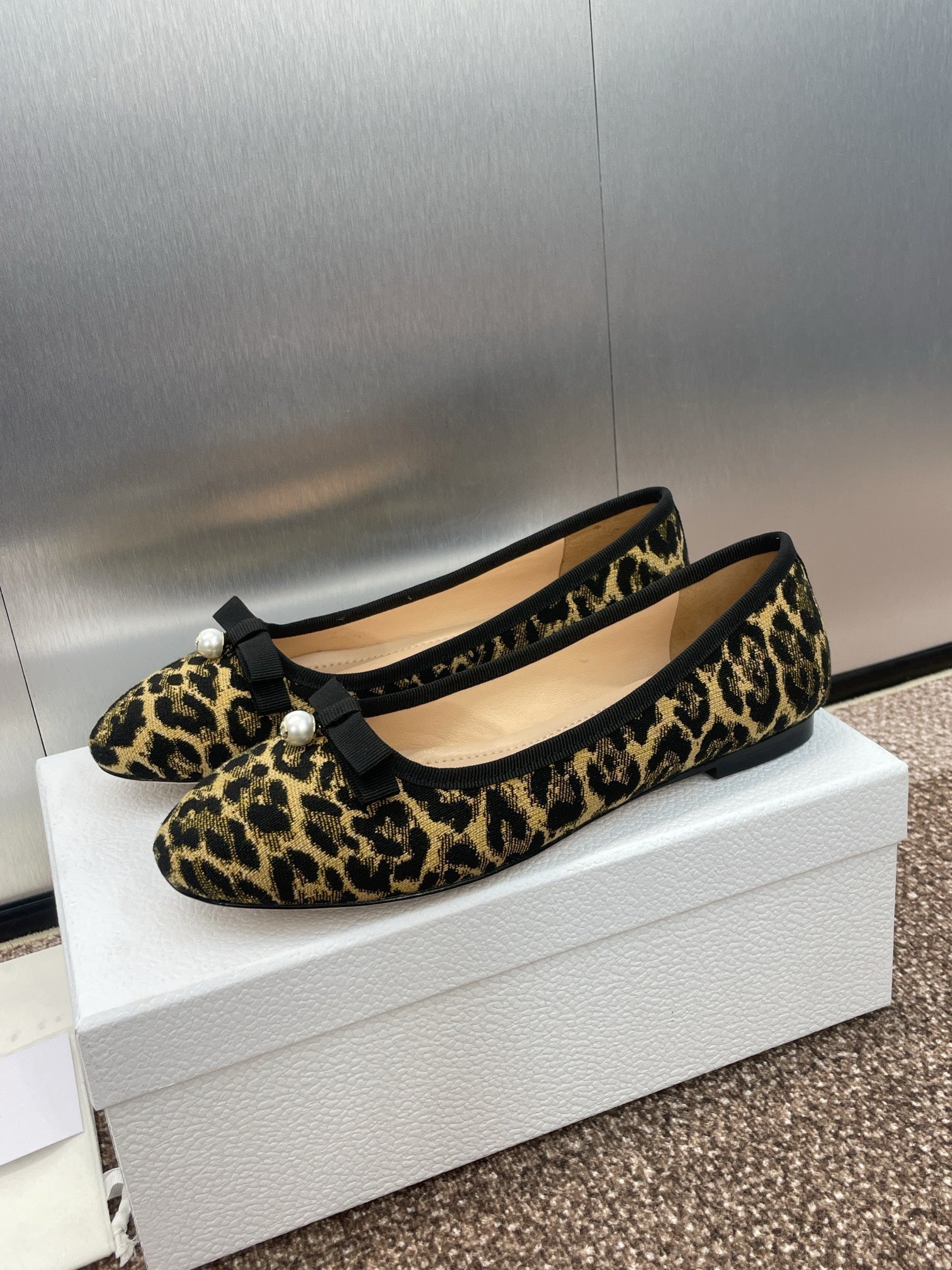 DIOR PEARL BALLET FLAT CAMEL PONY HAIR CALFSKIN WITH BROWN LEOPARD MOTIF