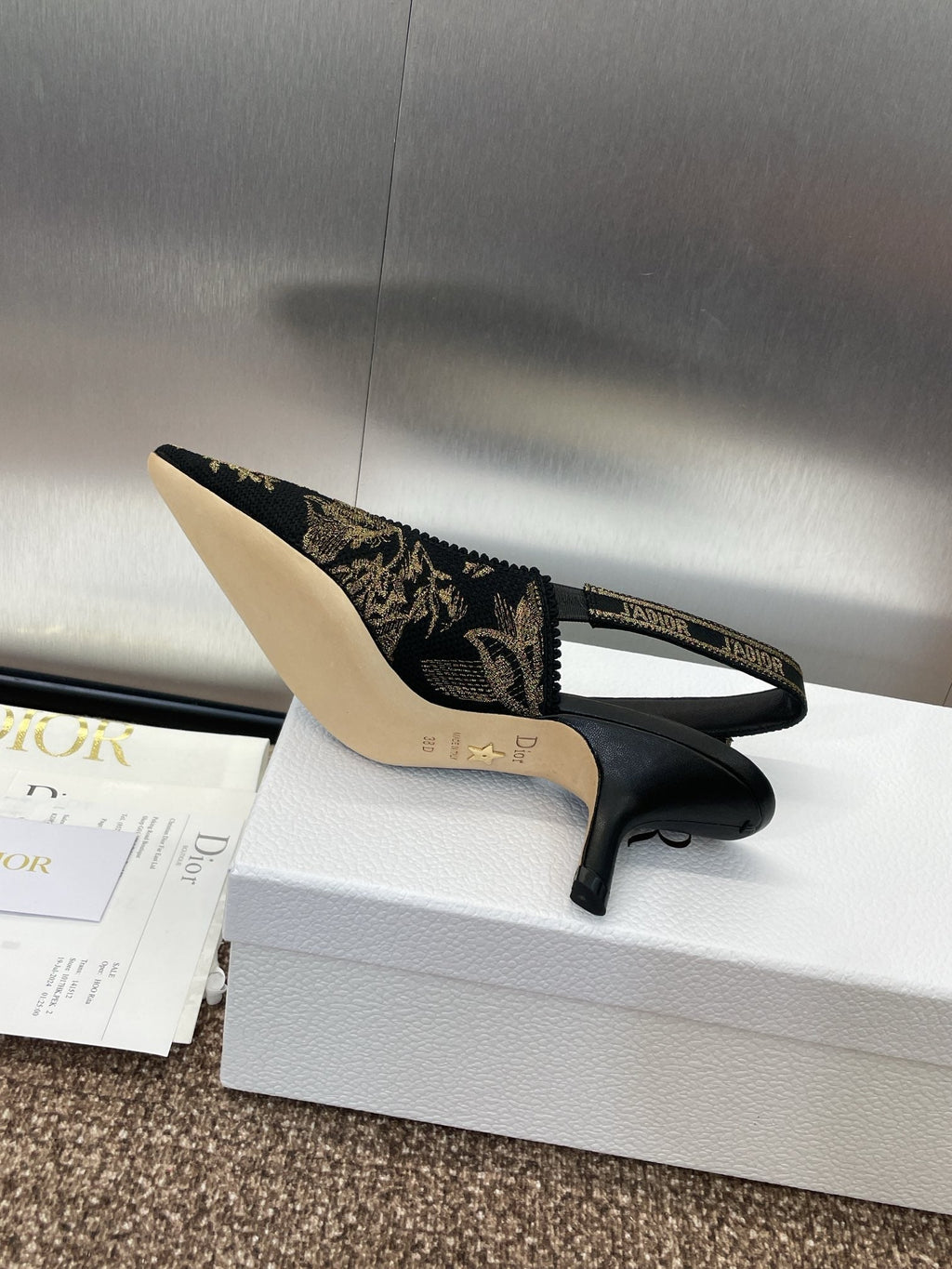 DIOR J'A HIGH SLINGBACK PUMP BLACK AND GOLD-TONE MILLEFIORI JACQUARD 65 MM