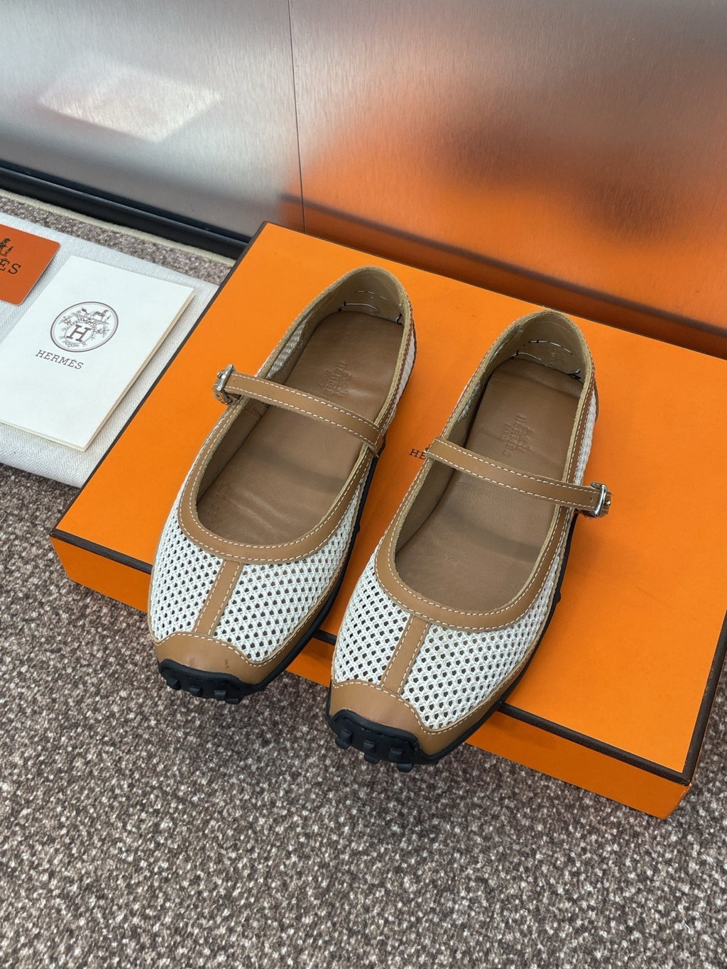 HERMES KICHU BALLET FLAT IN BRONZE BROWN CROCHET KNIT AND CALFSKIN