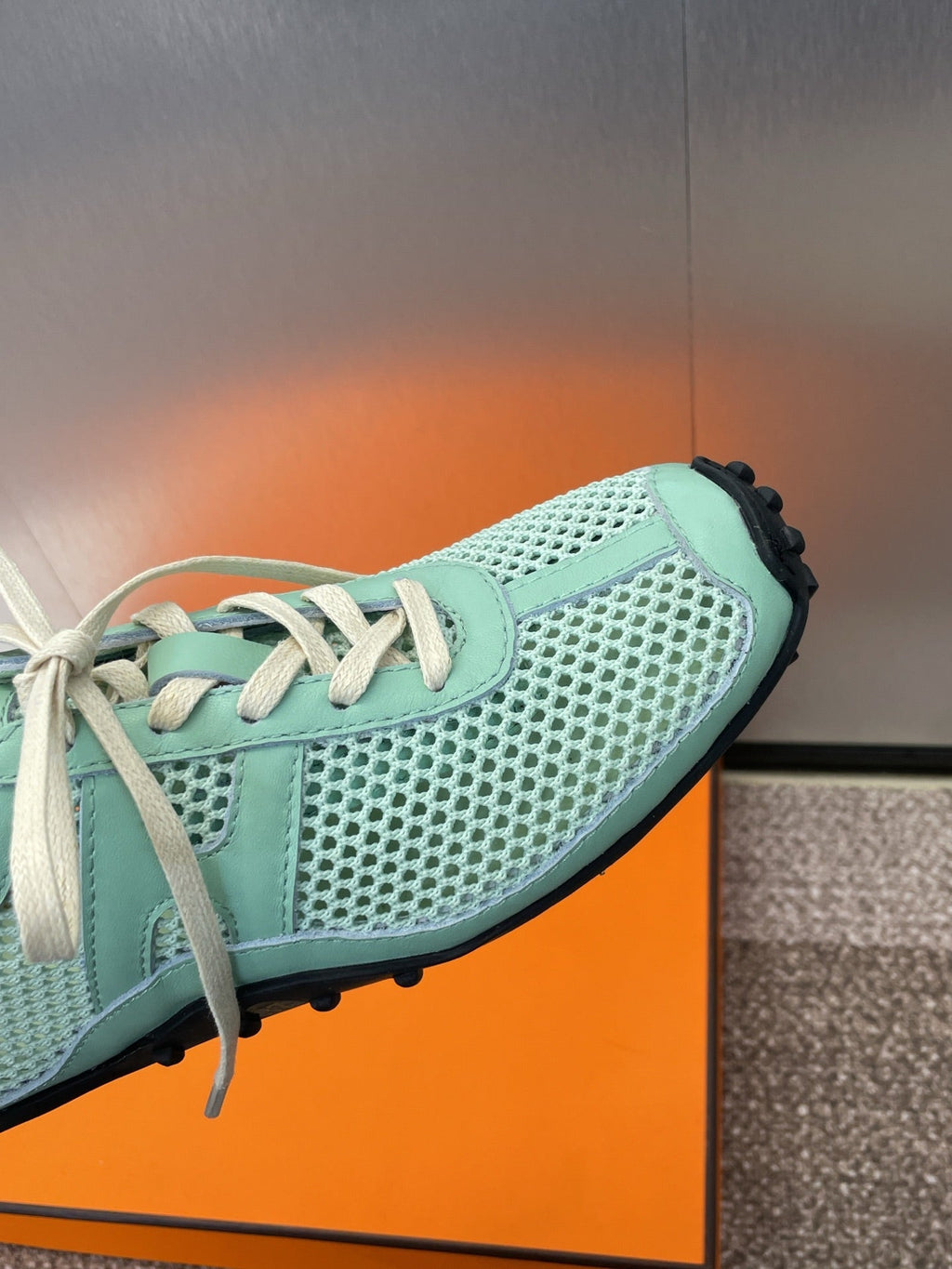 HERMES KIGA SNEAKER IN GREEN MINT CROCHET KNIT AND CALFSKIN