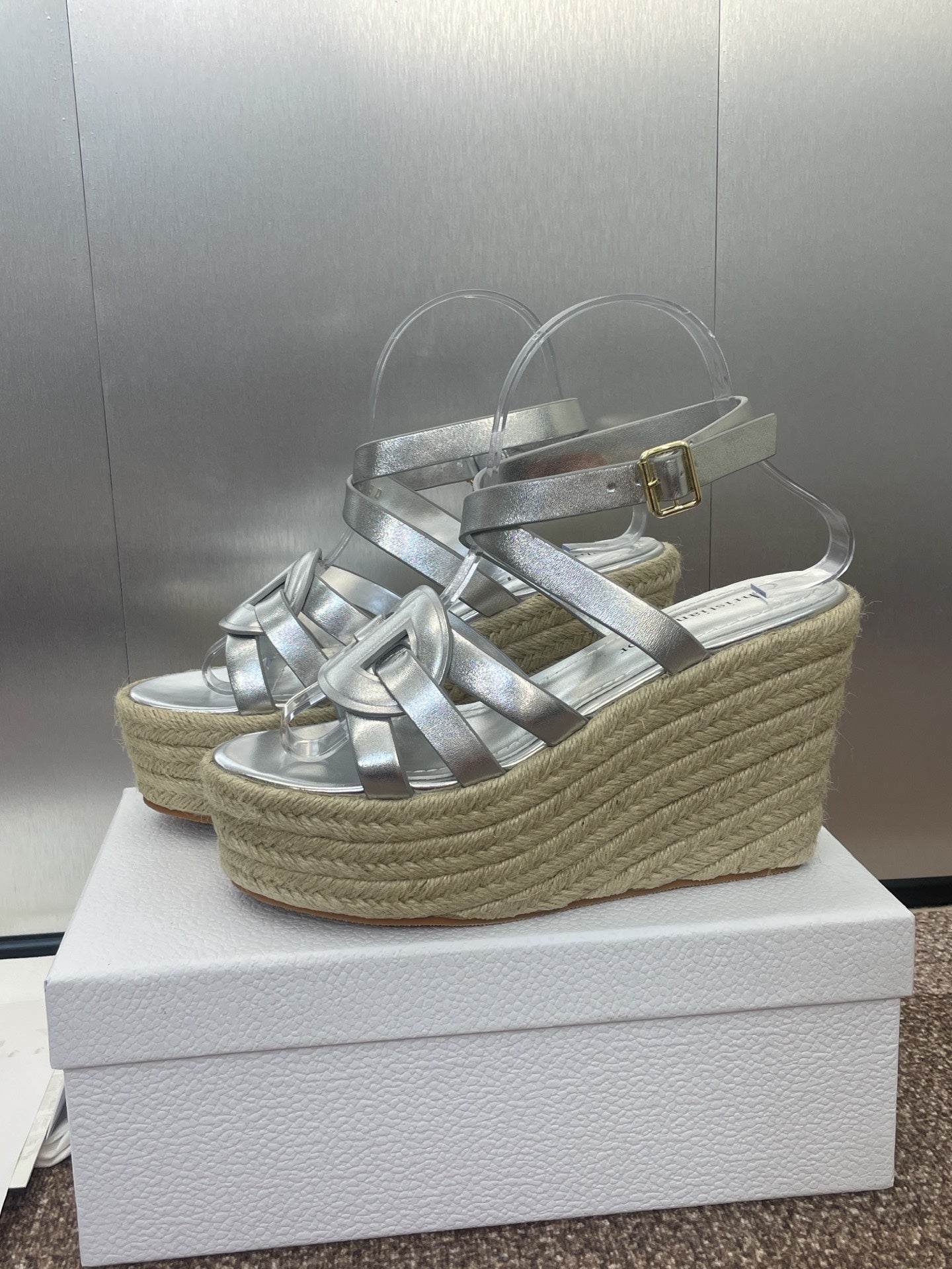 DIOR D-CLUB 25S HIGH HEEL WEDGE 100MM IN SILVER GLOSSY CALFSKIN RAFFIA SOLE