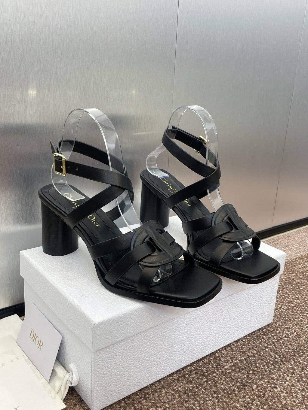 DIOR D-CLUB HIGH HEEL SLIDE 25S 80MM IN BLACK CALFSKIN