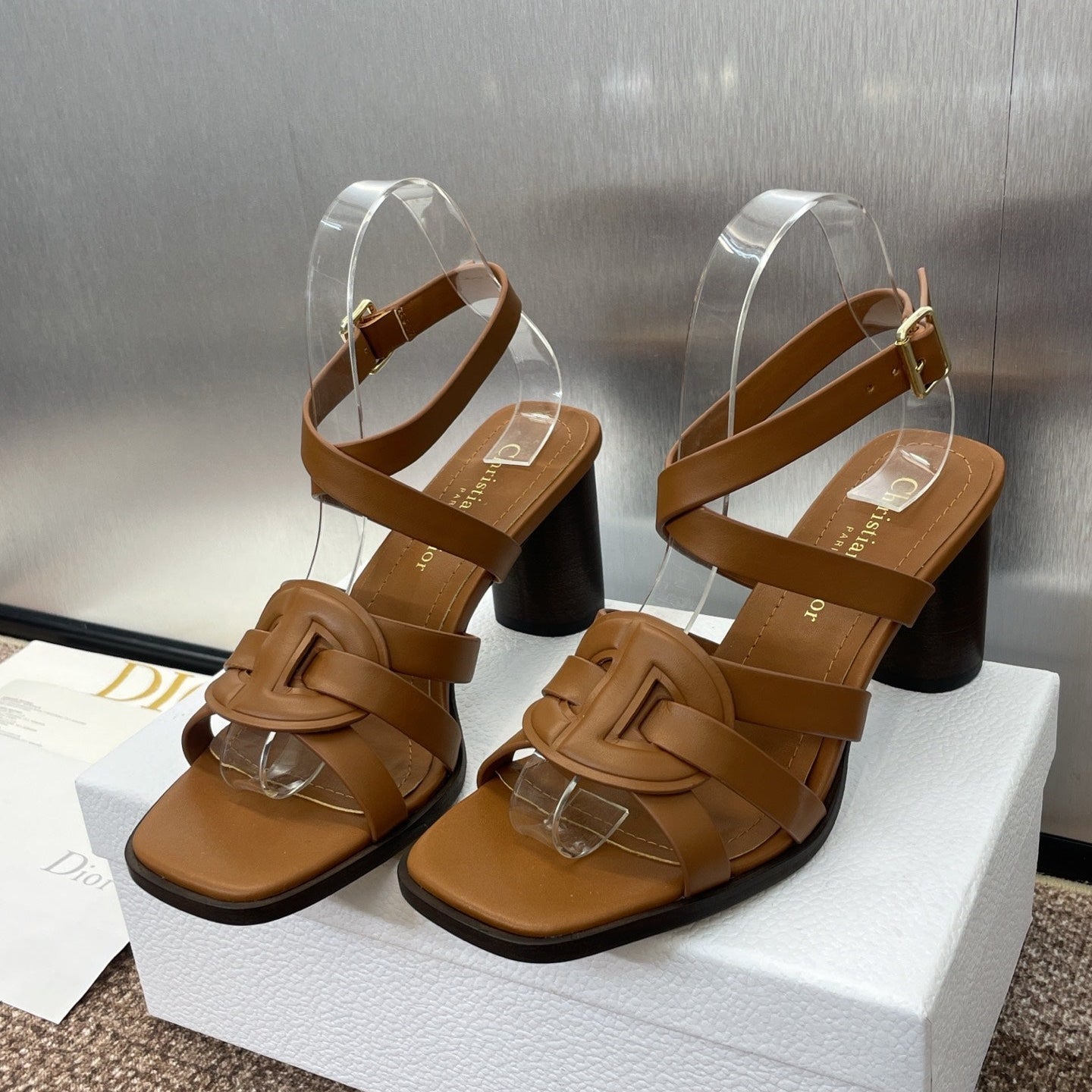 DIOR D-CLUB HIGH HEEL SLIDE 25S 80MM IN BROWN CALFSKIN