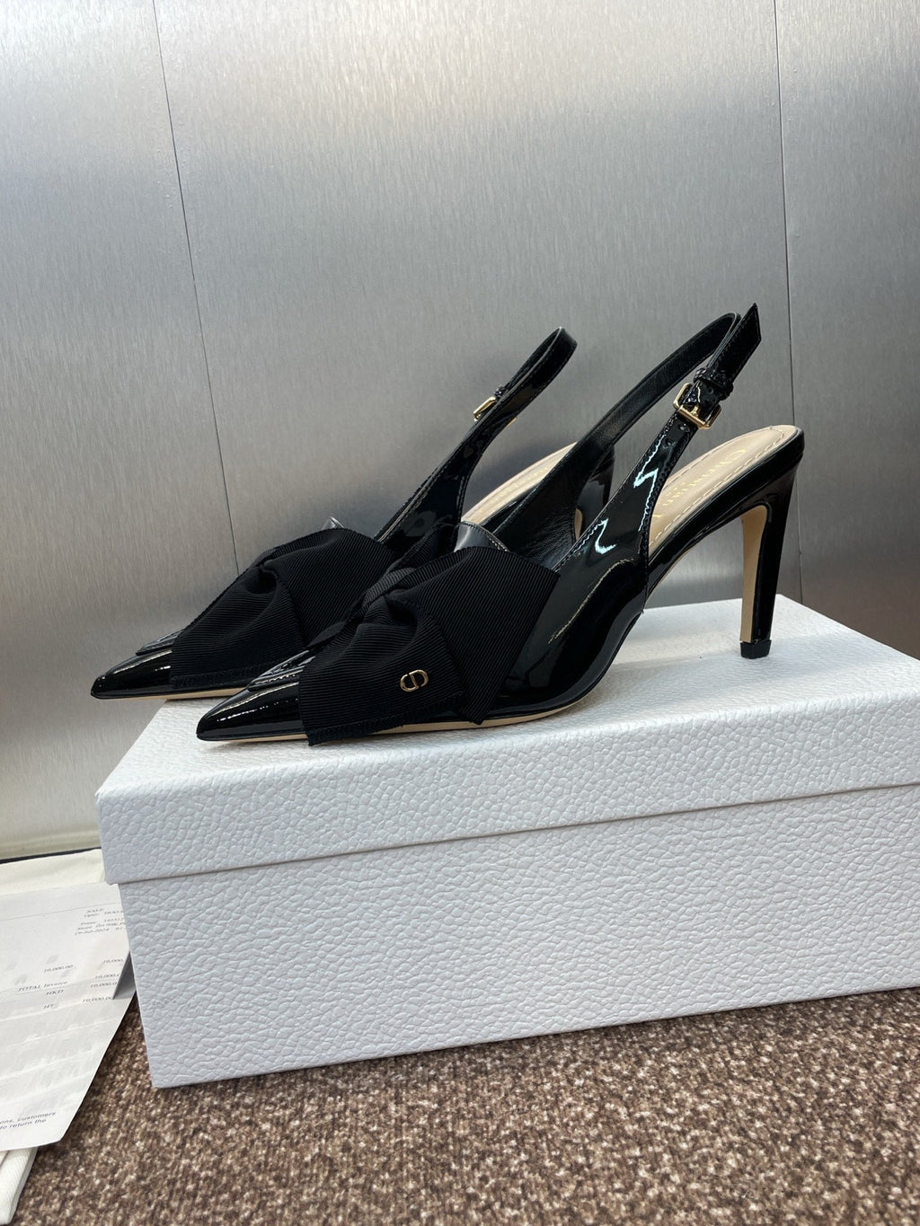 DIOR 25S SLINGBACK PUMP 80MM IN BLACK PATENT CALFSKIN AND GROSGRAIN