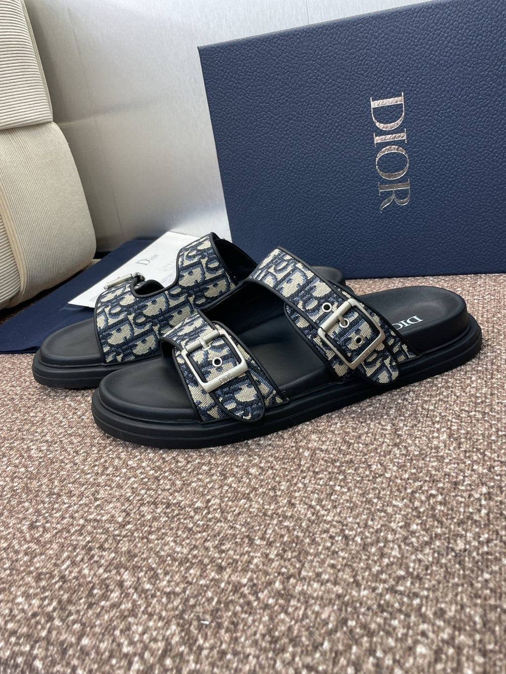 DIOR 25S ACT SLIDE IN DEEP BLUE CALFSKIN AND CANVAS SILVER HARDWARE