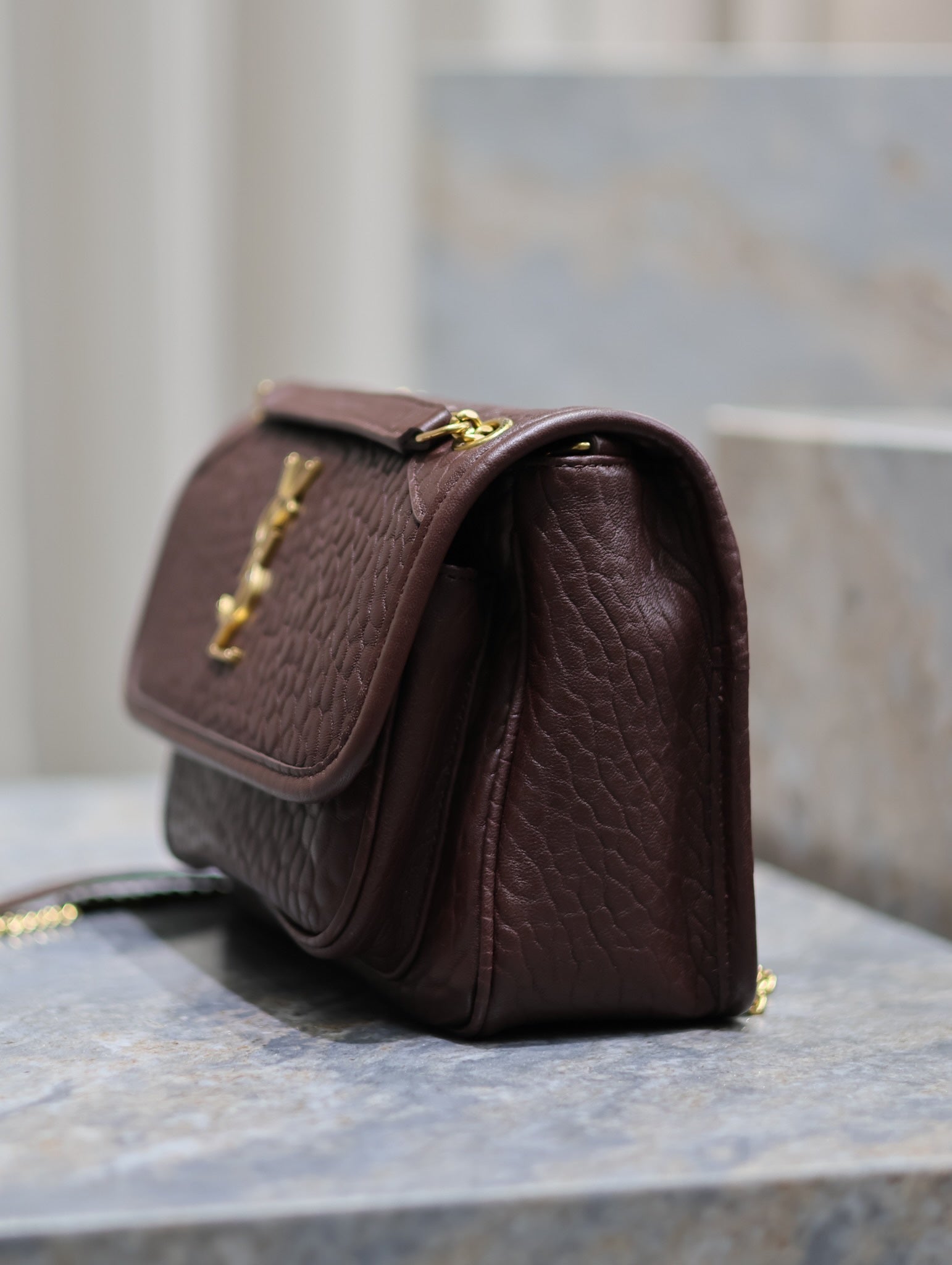 Niki mini crinkled shoulder 22 in Chestnut Brown Lamskin Gold Hardware